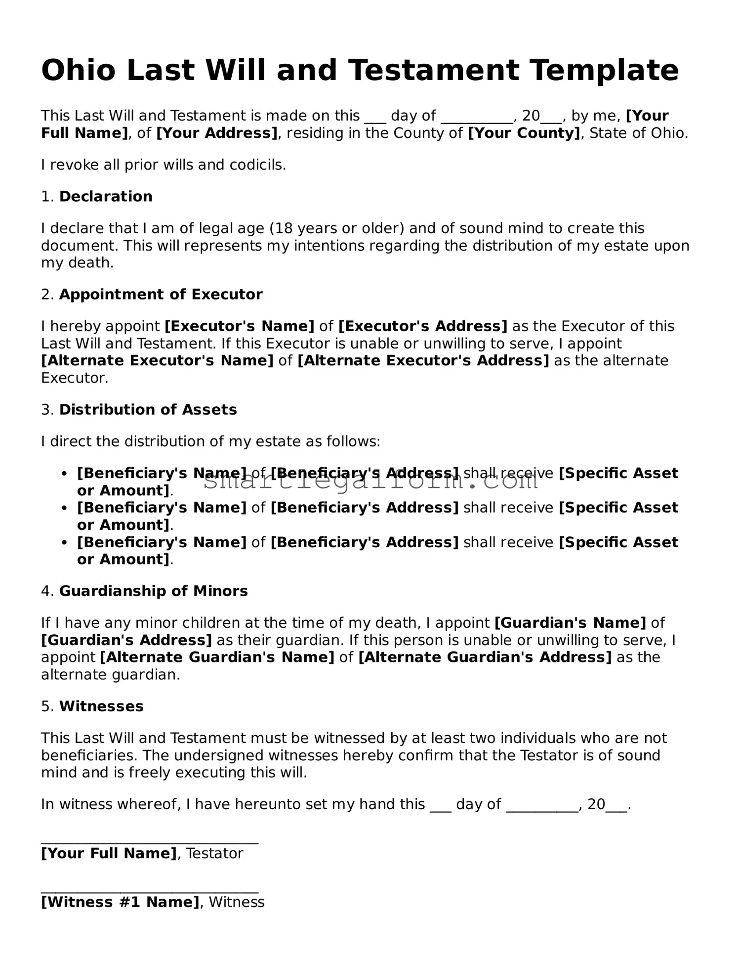 Printable Ohio Last Will and Testament Document