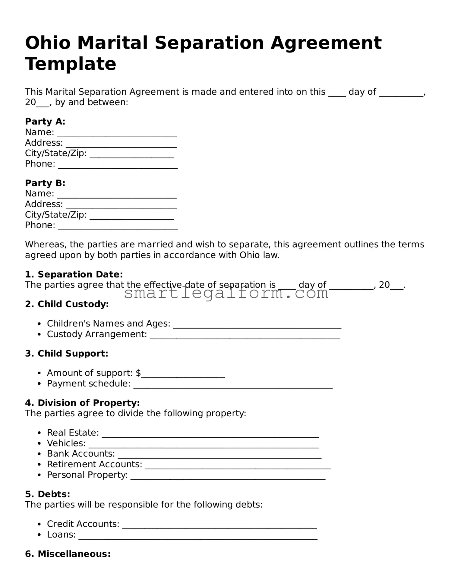 Printable Ohio Marital Separation Agreement Document