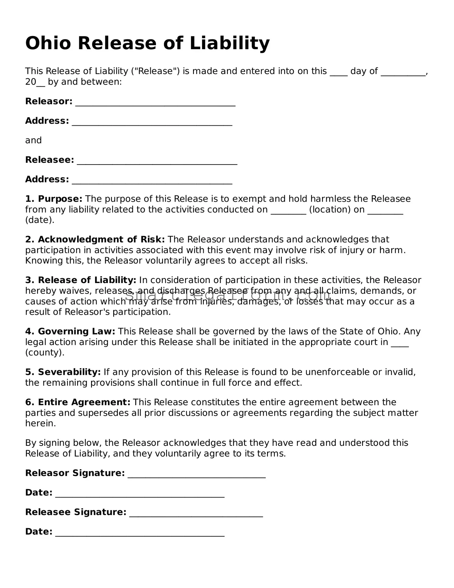 Printable Ohio Release of Liability Document