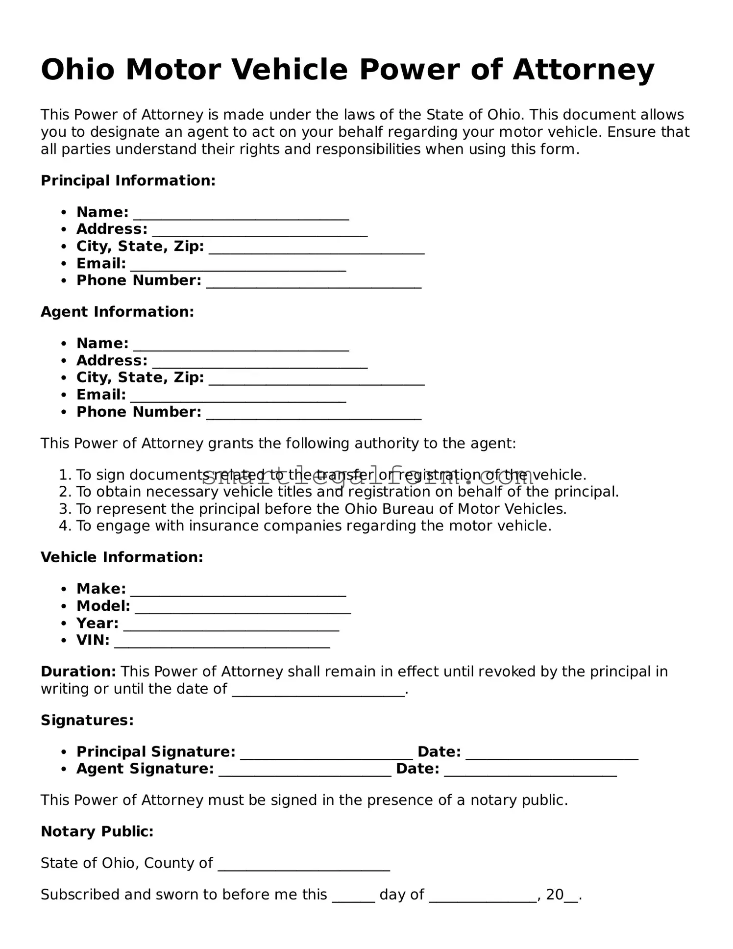 Printable Ohio Motor Vehicle Power of Attorney Document