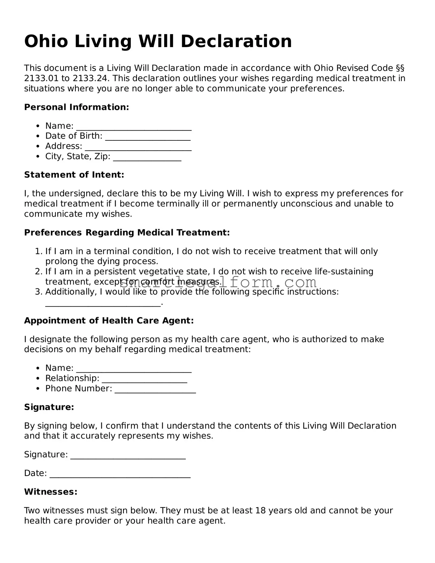 Printable Ohio Living Will Document