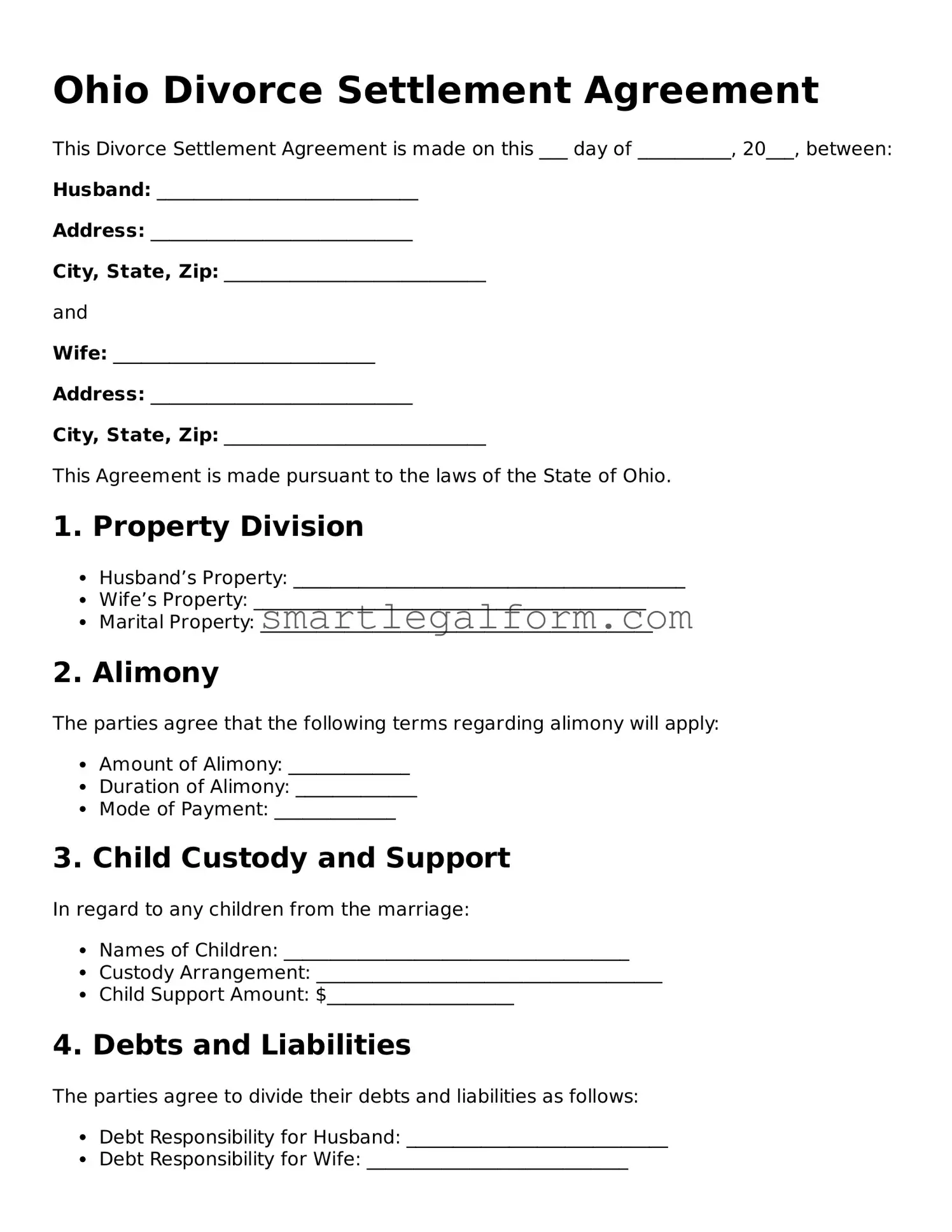 Printable Ohio Divorce Settlement Agreement Document