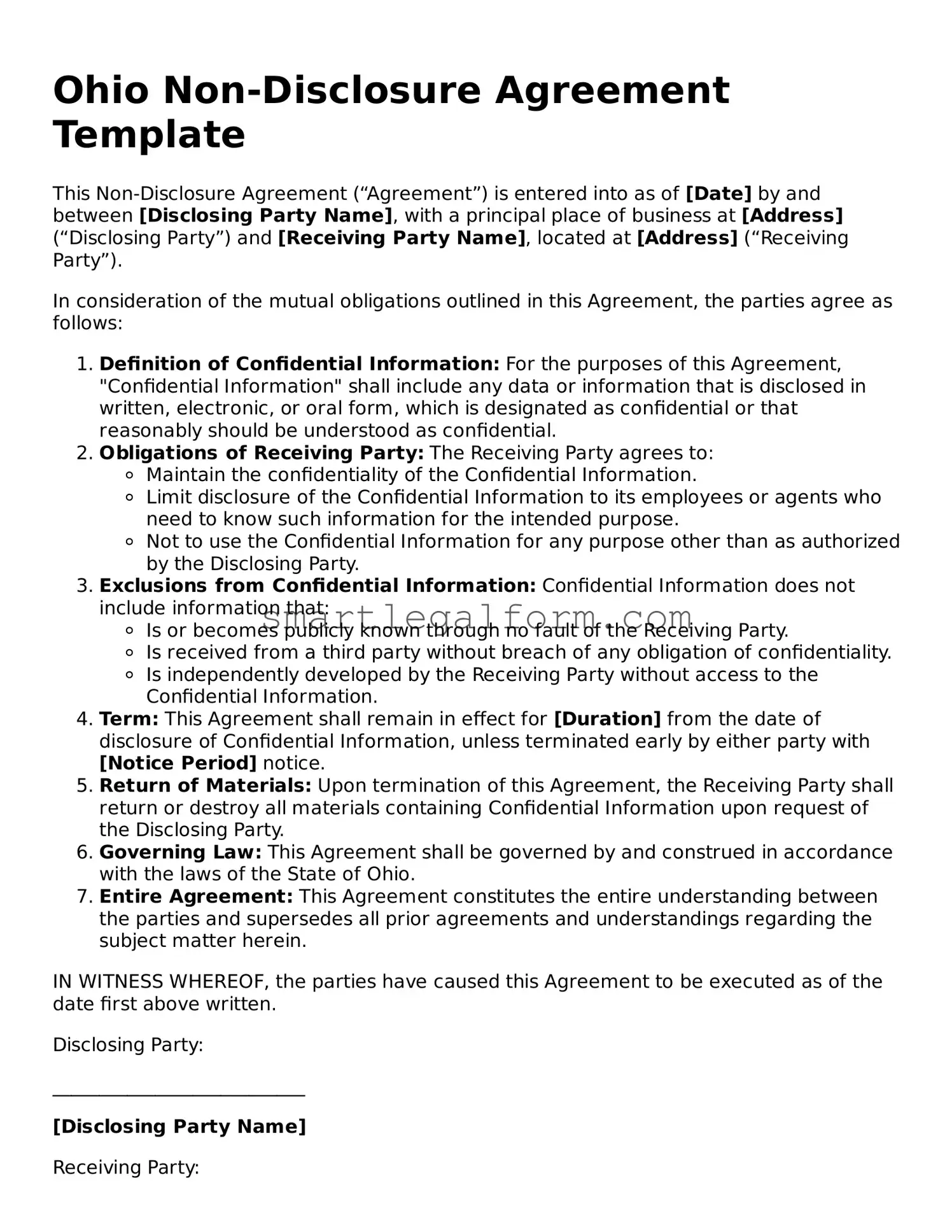 Printable Ohio Non-disclosure Agreement Document