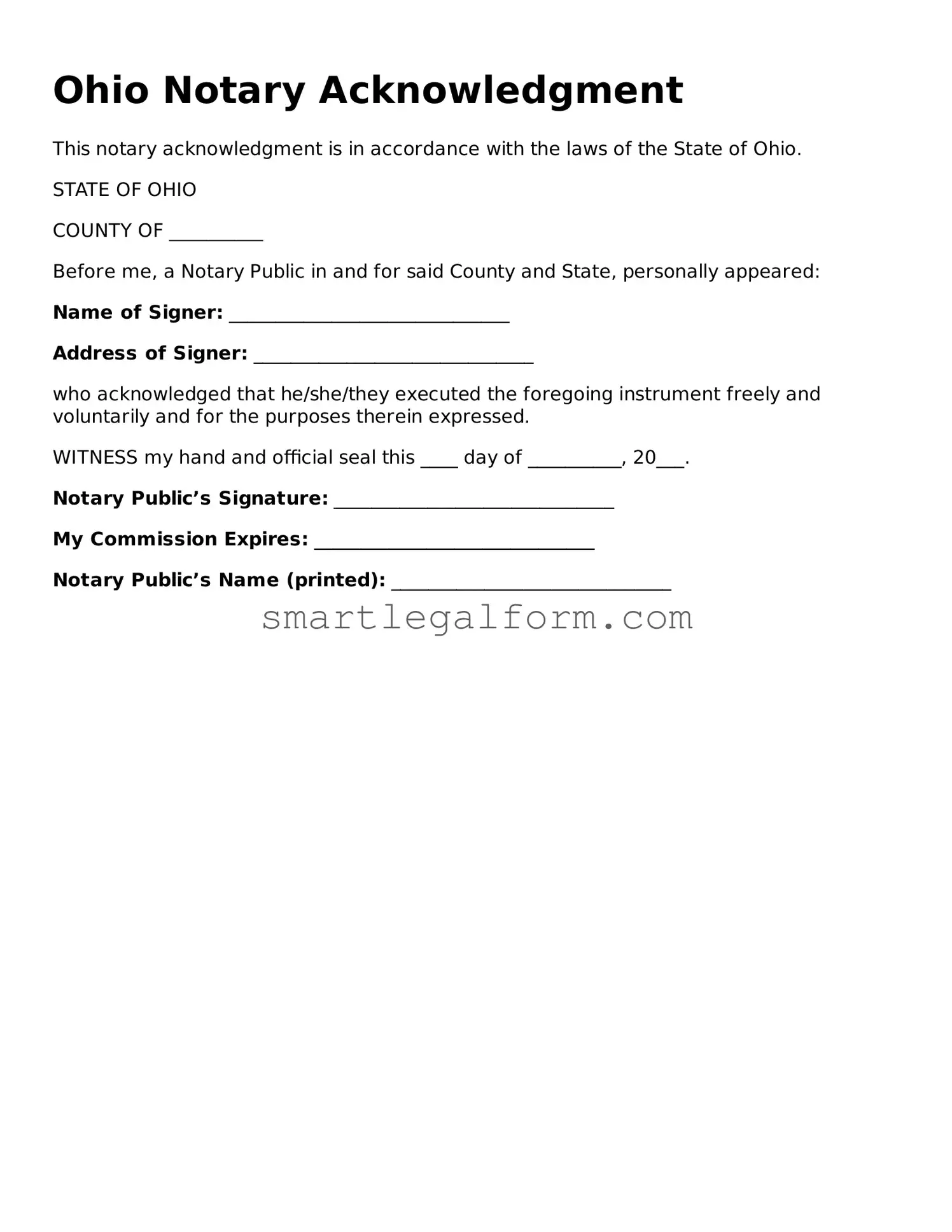Printable Ohio Notary Acknowledgement Document
