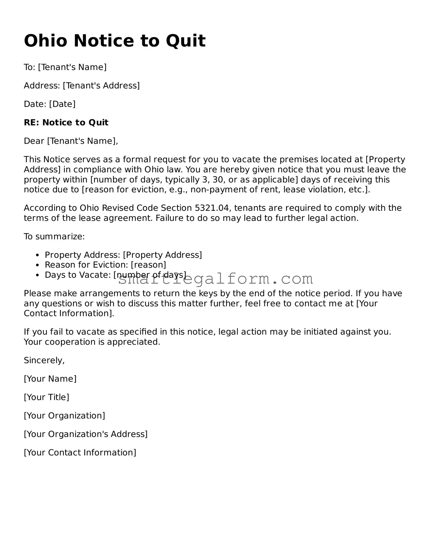 Printable Ohio Notice to Quit Document