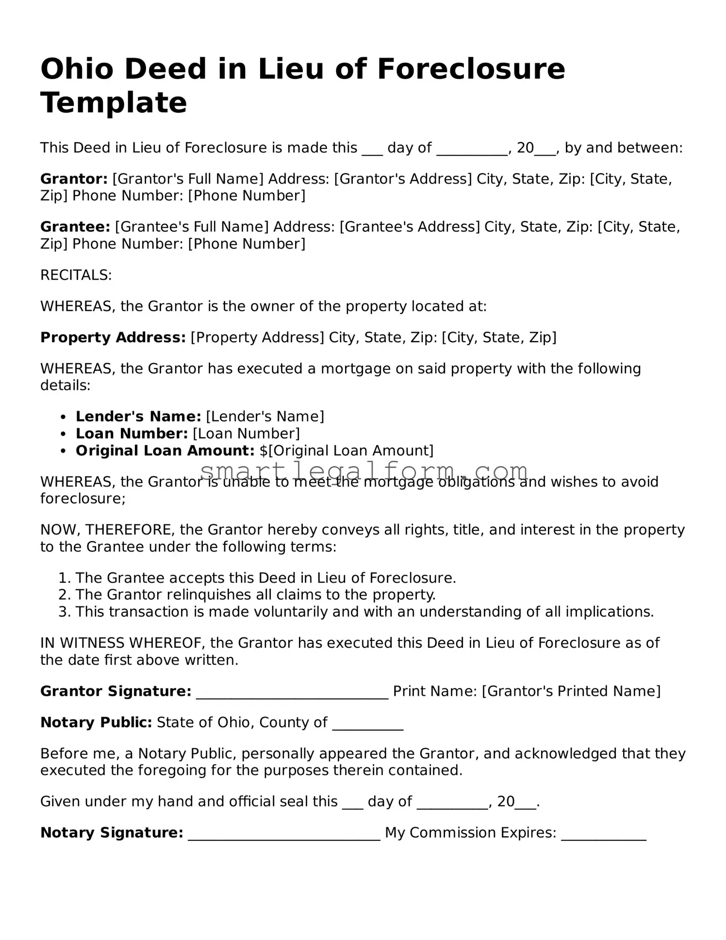 Printable Ohio Deed in Lieu of Foreclosure Document