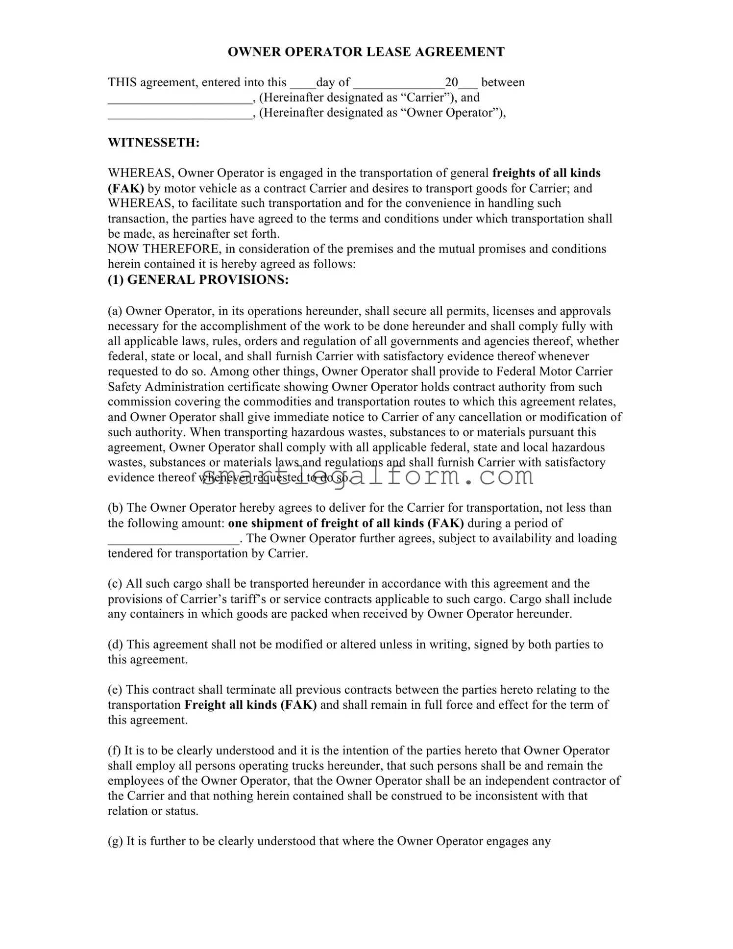 Free Owner Operator Lease Agreement Form