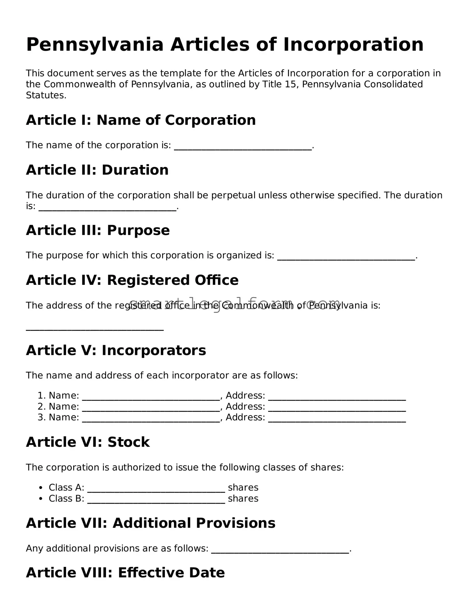 Printable Pennsylvania Articles of Incorporation Document