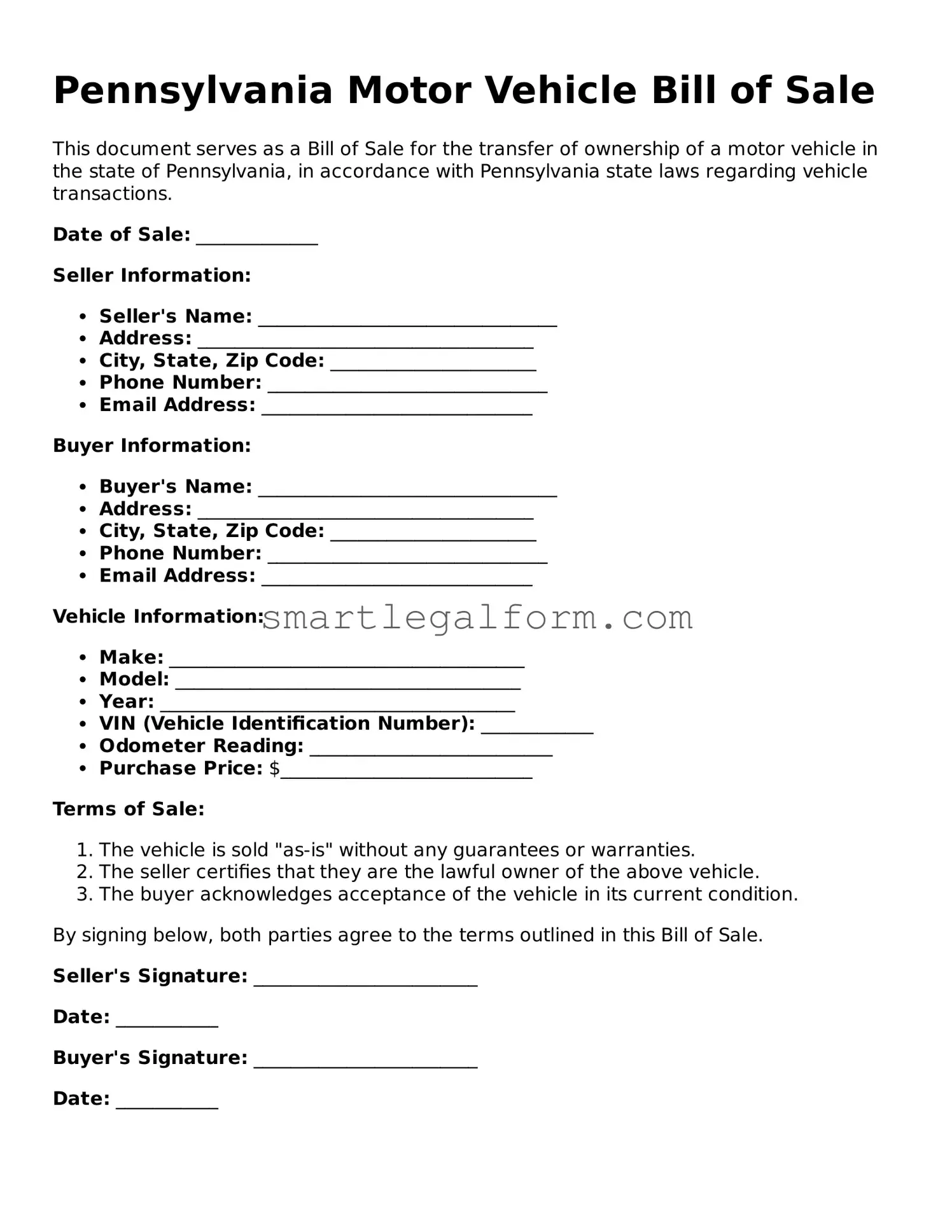 Printable Pennsylvania Motor Vehicle Bill of Sale Document