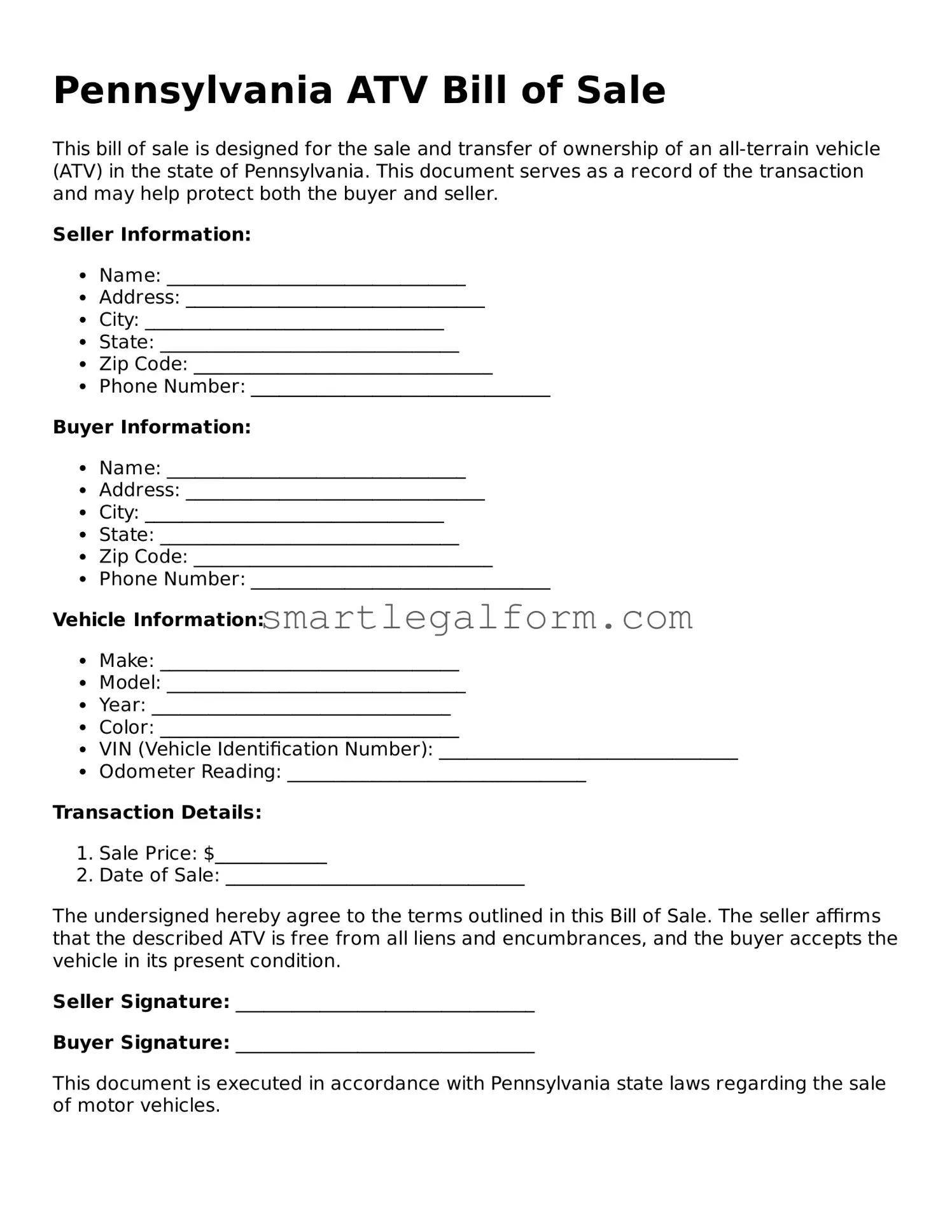 Printable Pennsylvania ATV Bill of Sale Document