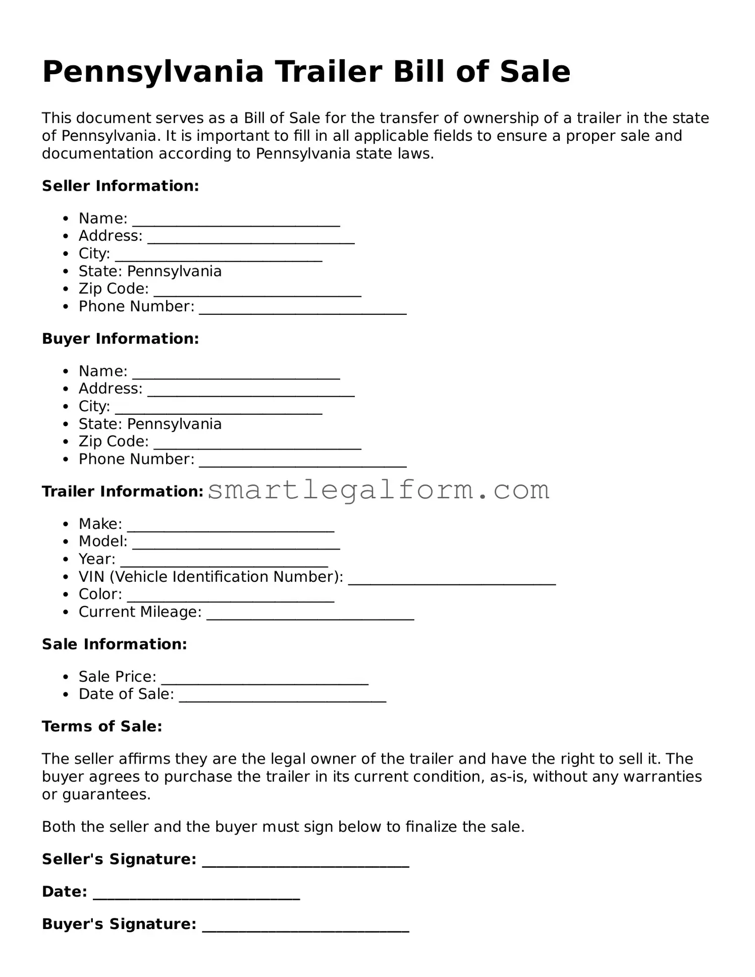 Printable Pennsylvania Trailer Bill of Sale Document