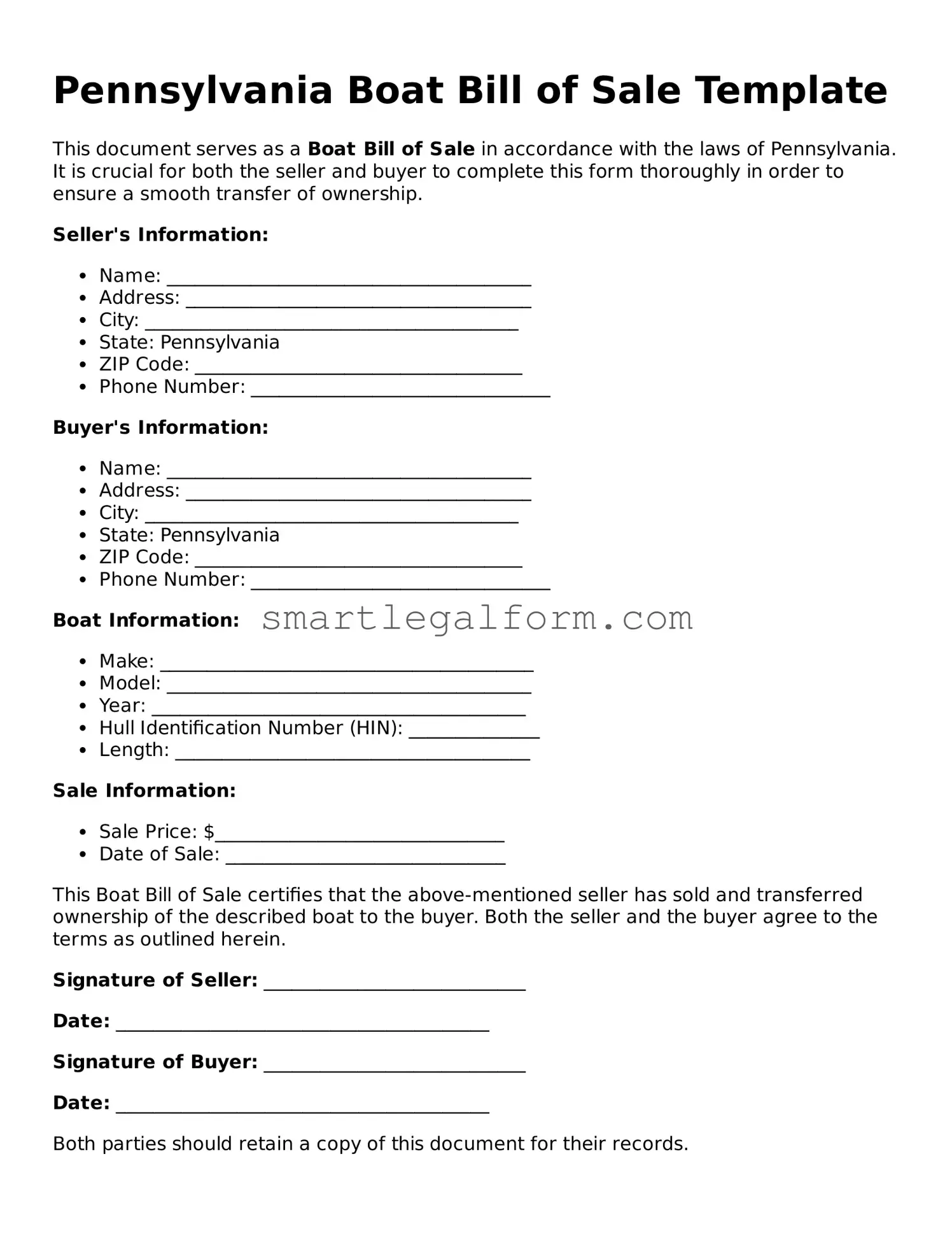 Printable Pennsylvania Boat Bill of Sale Document
