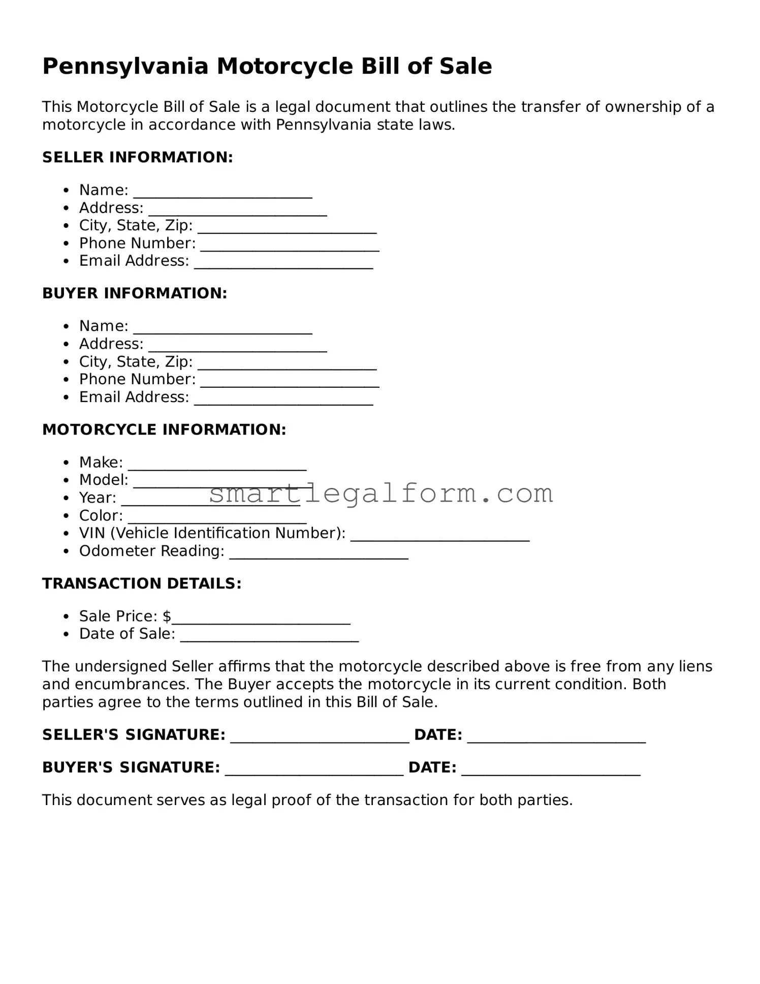 Printable Pennsylvania Motorcycle Bill of Sale Document