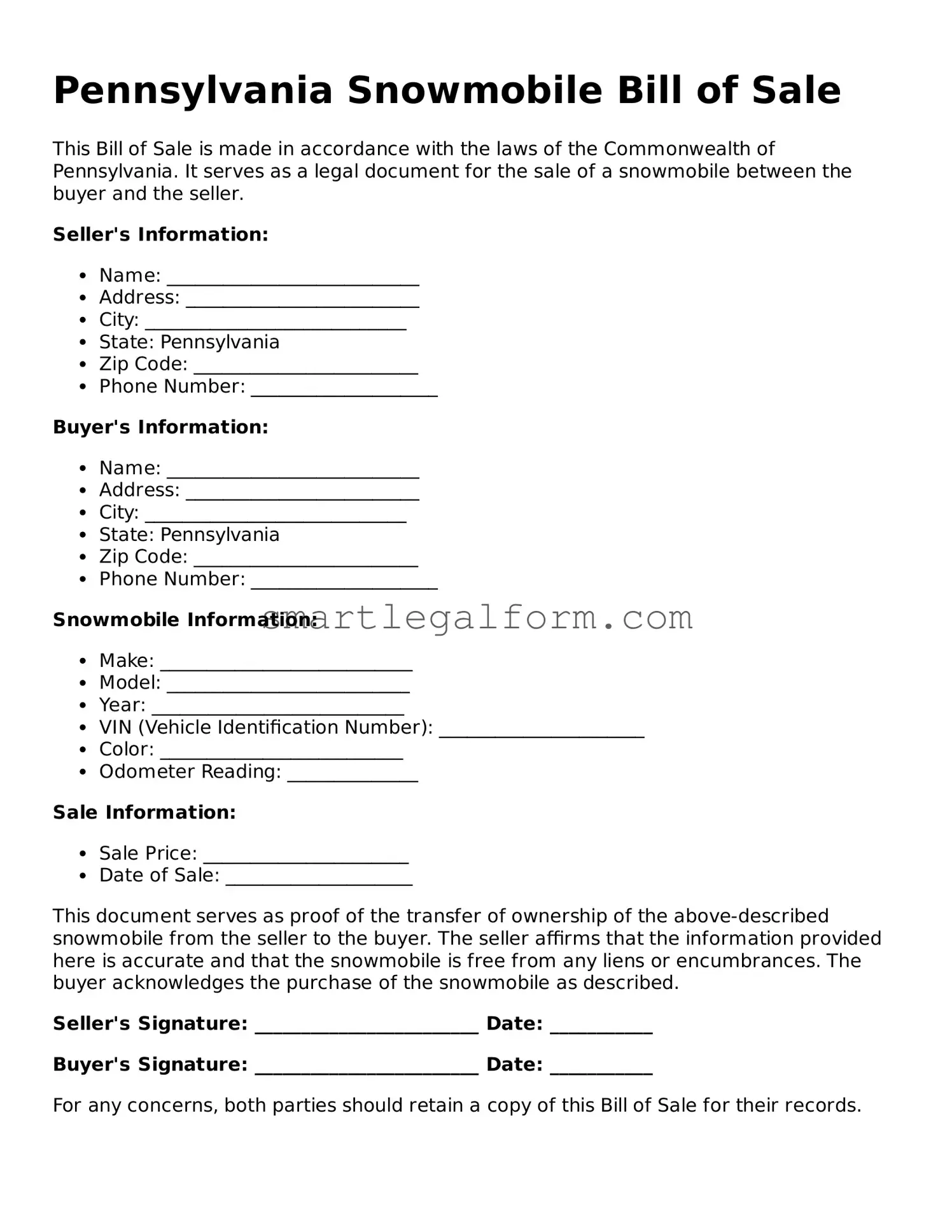 Printable Pennsylvania Snowmobile Bill of Sale Document