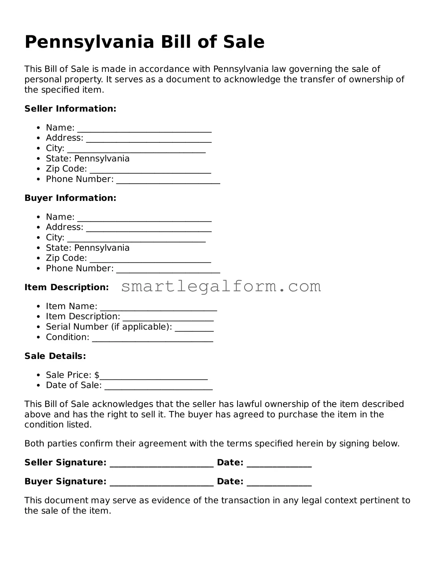 Printable Pennsylvania Bill of Sale Document