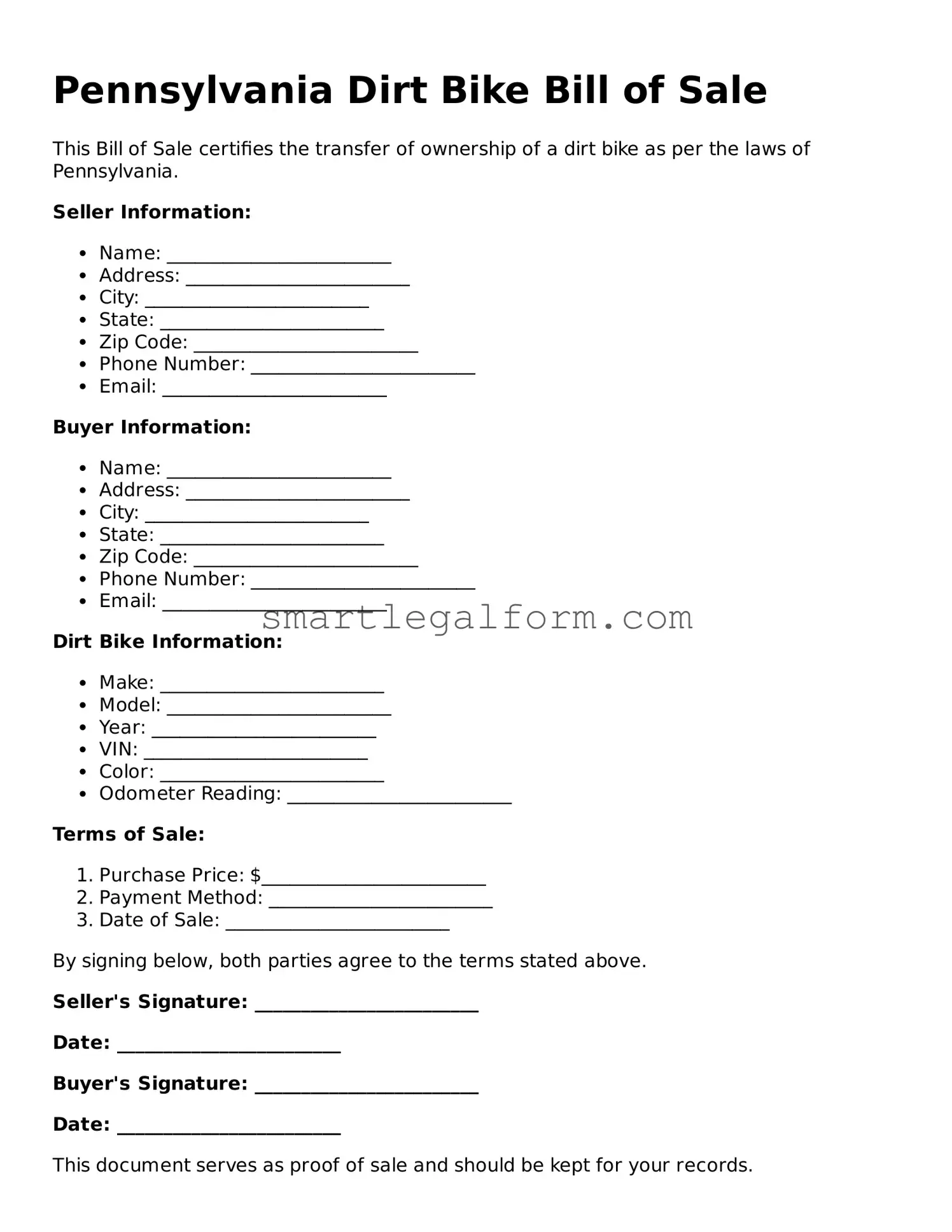 Printable Pennsylvania Dirt Bike Bill of Sale Document