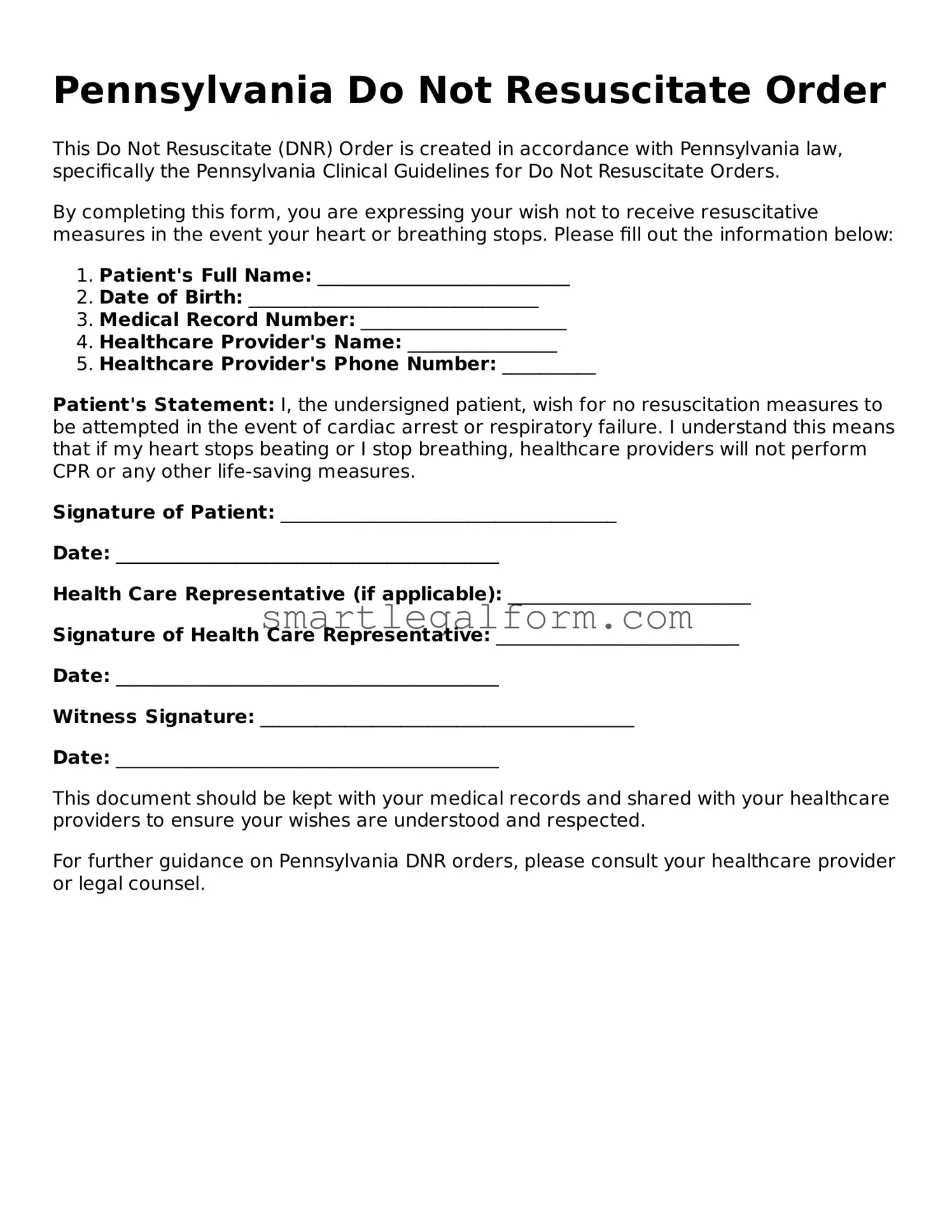 Printable Pennsylvania Do Not Resuscitate Order Document