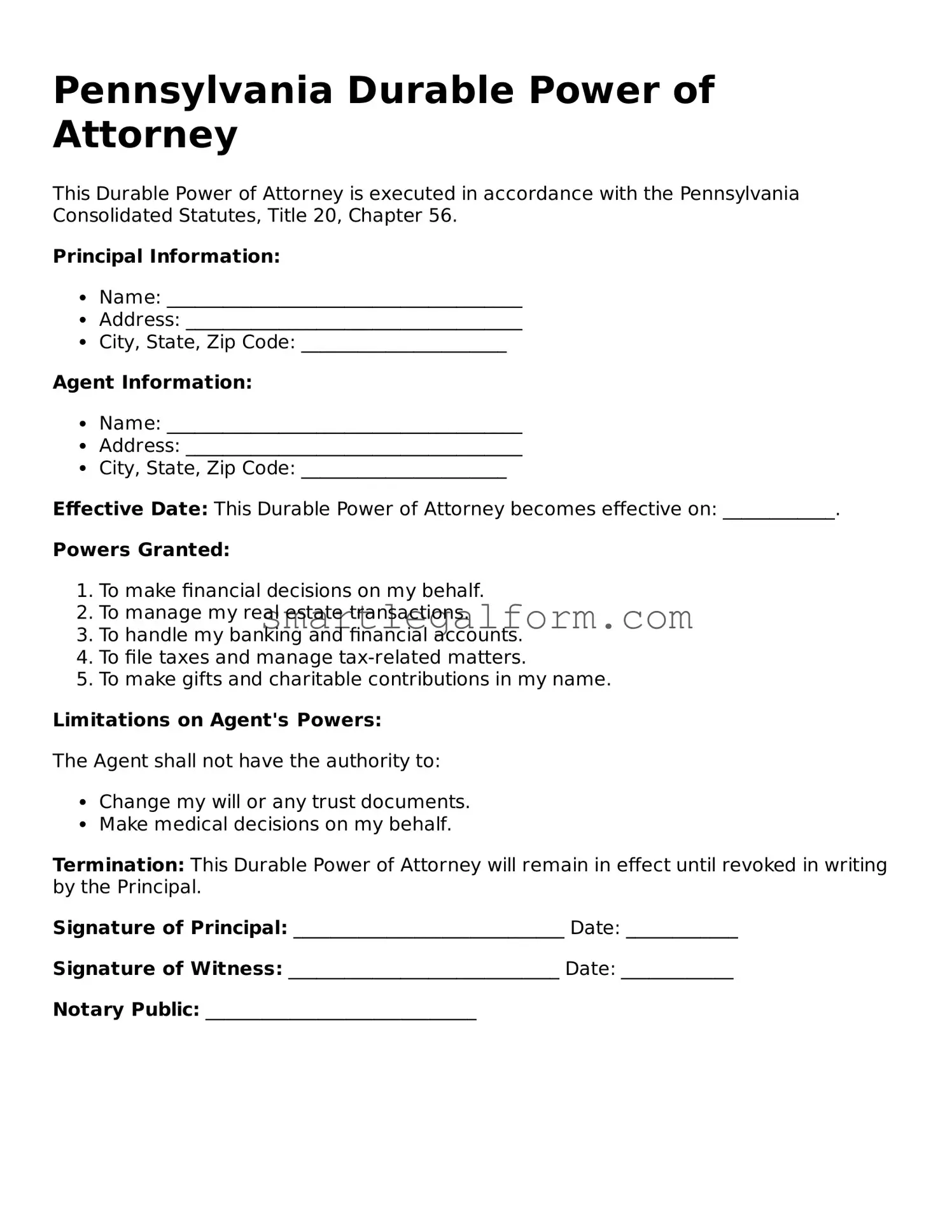 Printable Pennsylvania Durable Power of Attorney Document