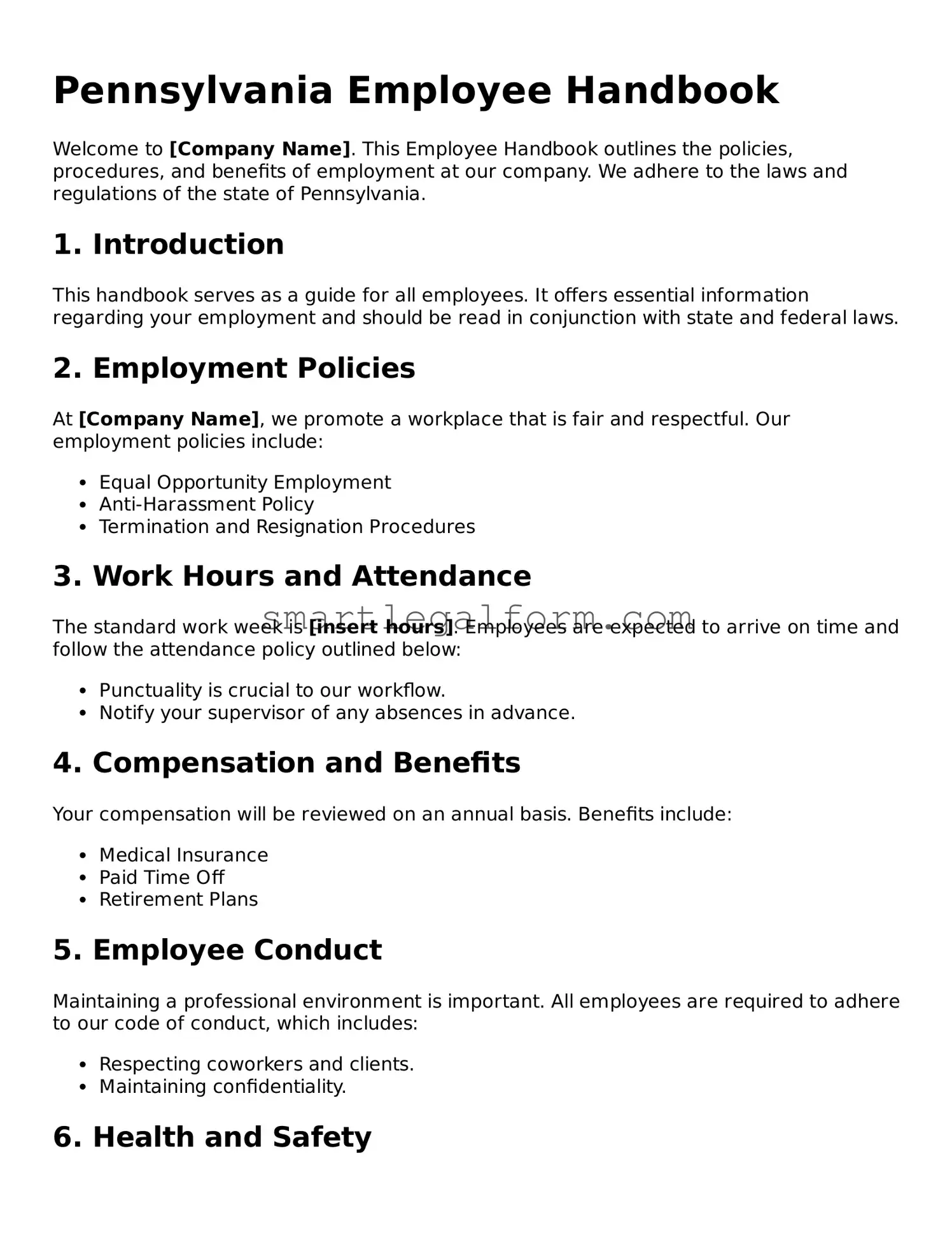 Printable Pennsylvania Employee Handbook Document