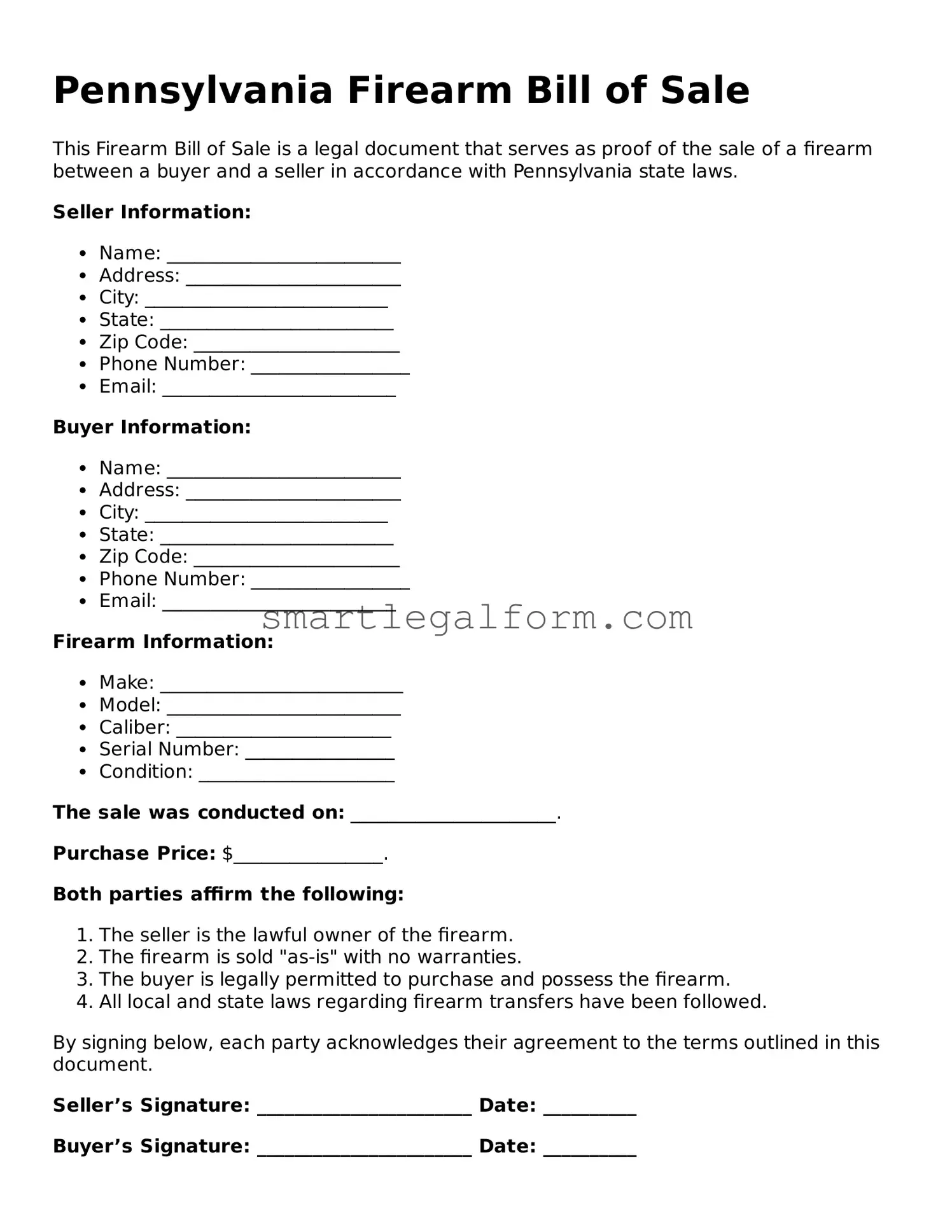 Printable Pennsylvania Firearm Bill of Sale Document
