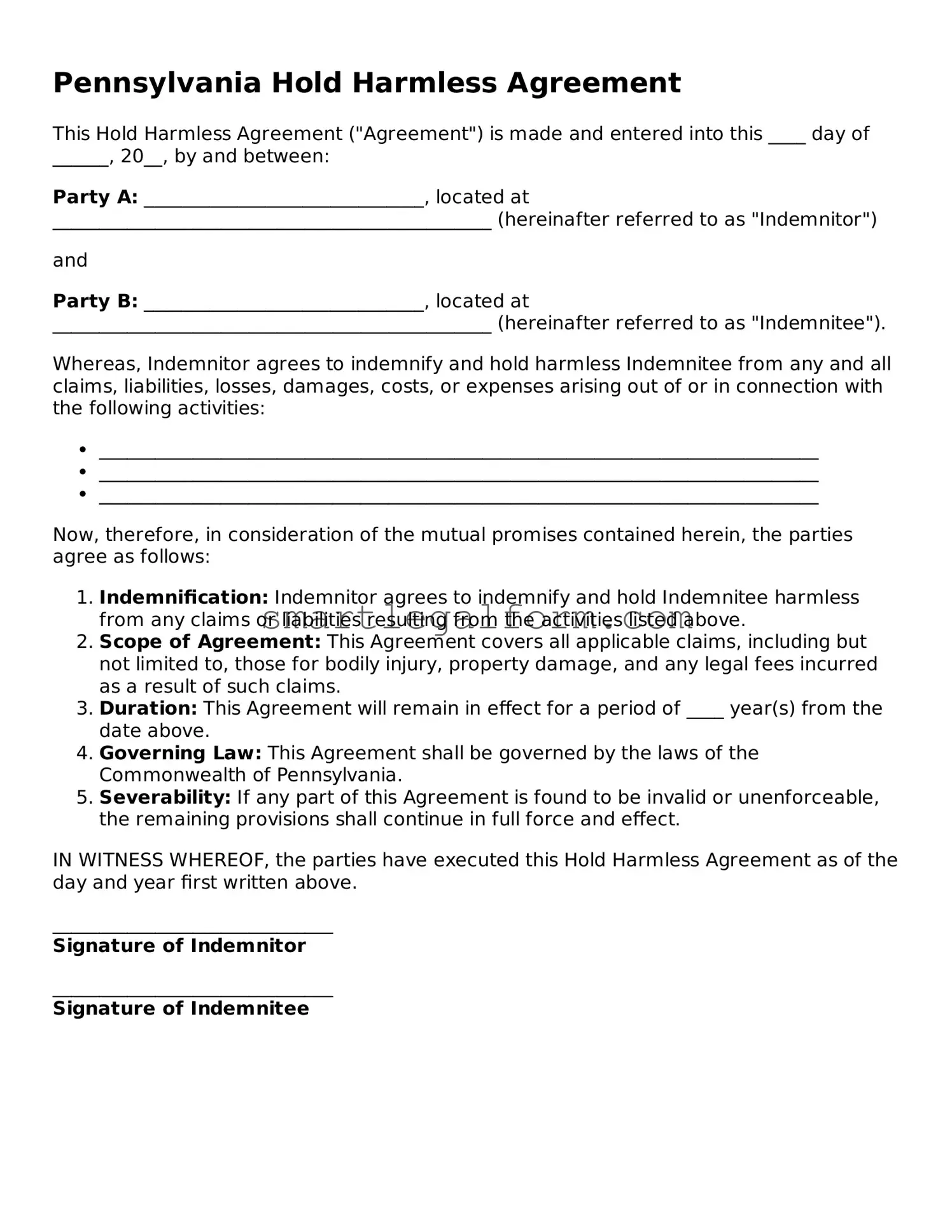 Printable Pennsylvania Hold Harmless Agreement Document