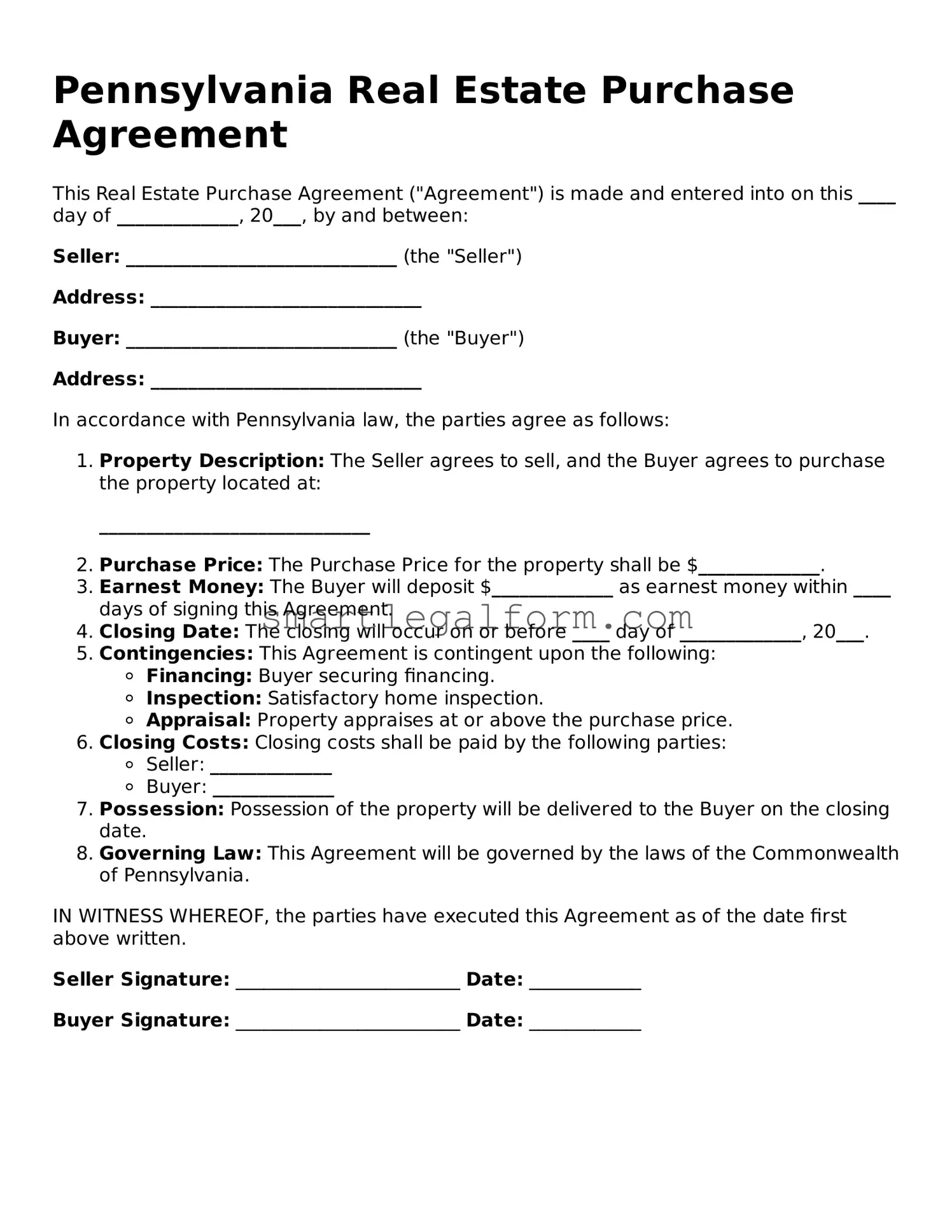 Printable Pennsylvania Real Estate Purchase Agreement Document
