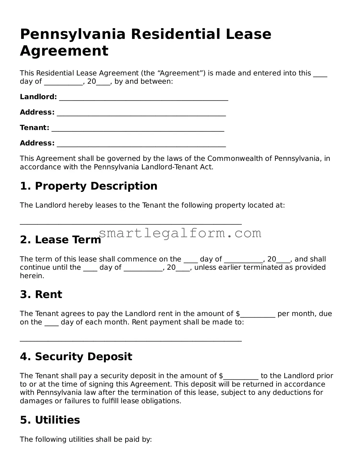 Printable Pennsylvania Residential Lease Agreement Document