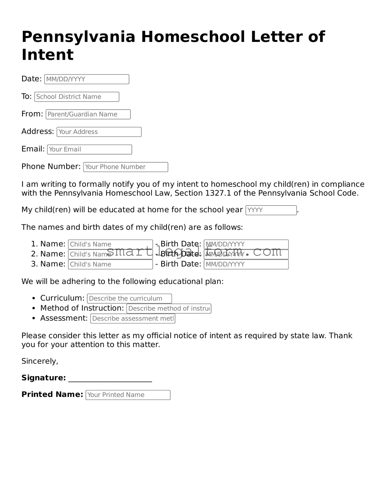 Printable Pennsylvania Homeschool Letter of Intent Document