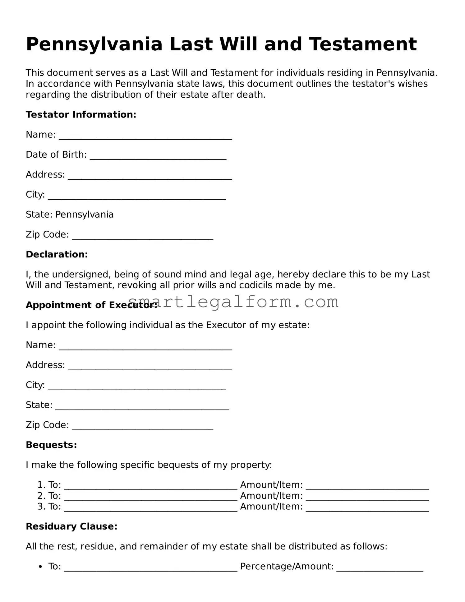 Printable Pennsylvania Last Will and Testament Document