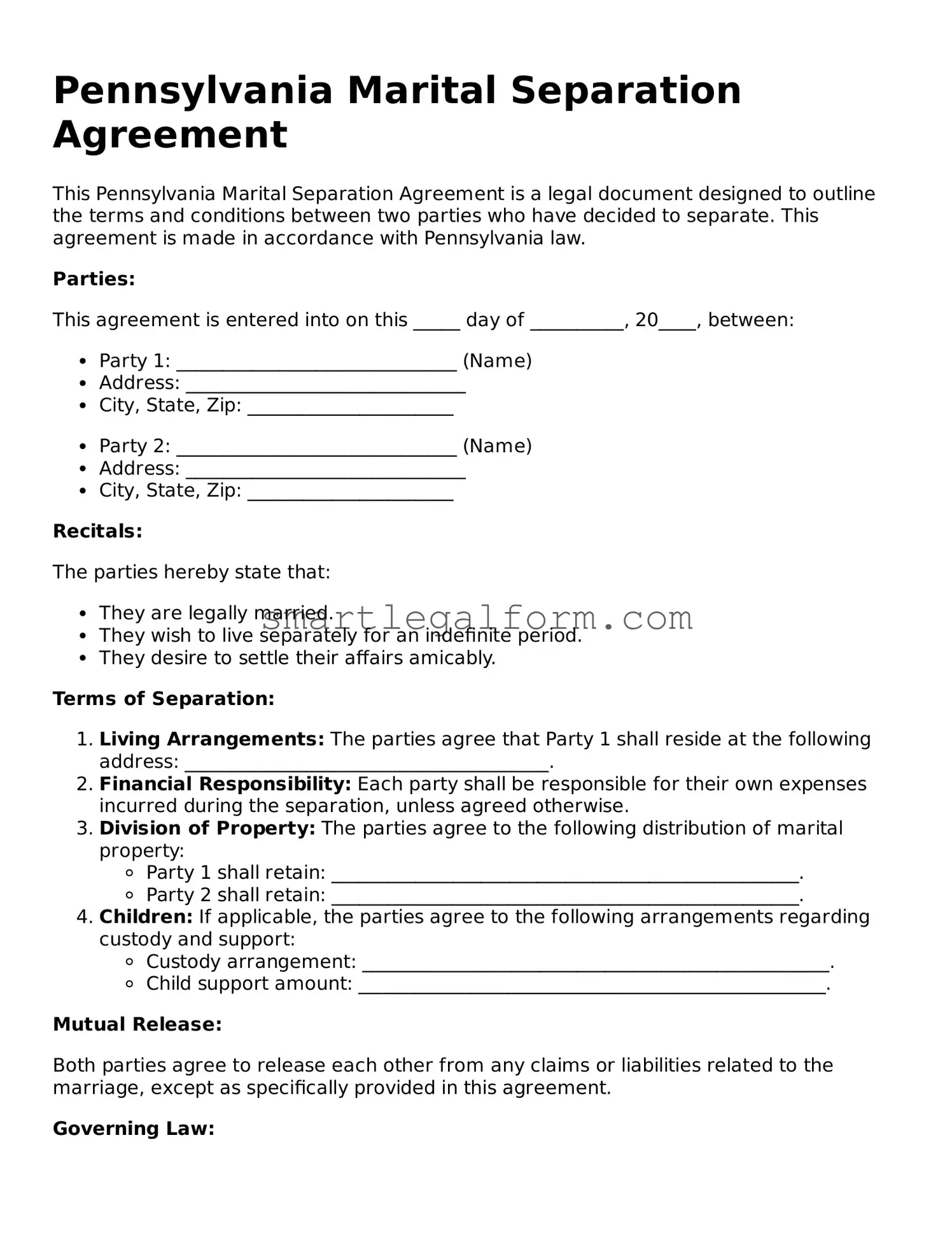 Printable Pennsylvania Marital Separation Agreement Document