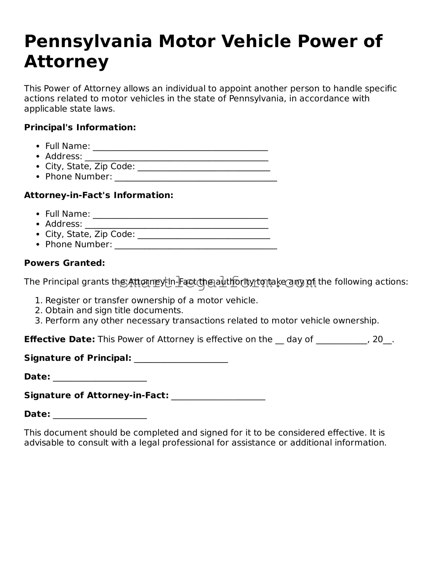 Printable Pennsylvania Motor Vehicle Power of Attorney Document