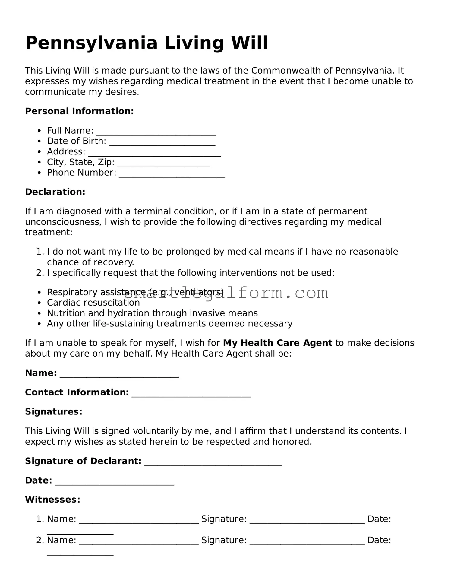 Printable Pennsylvania Living Will Document