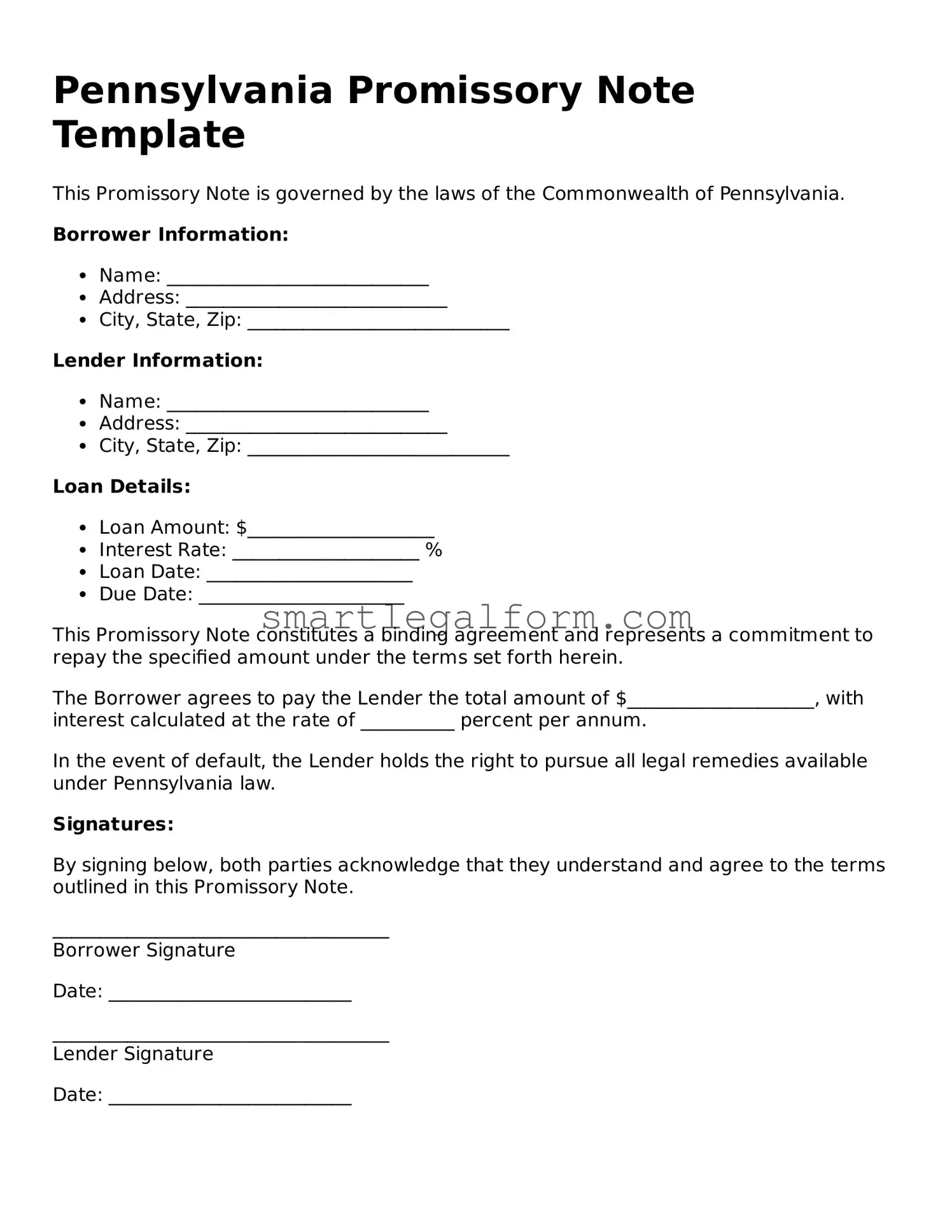 Printable Pennsylvania Promissory Note Document