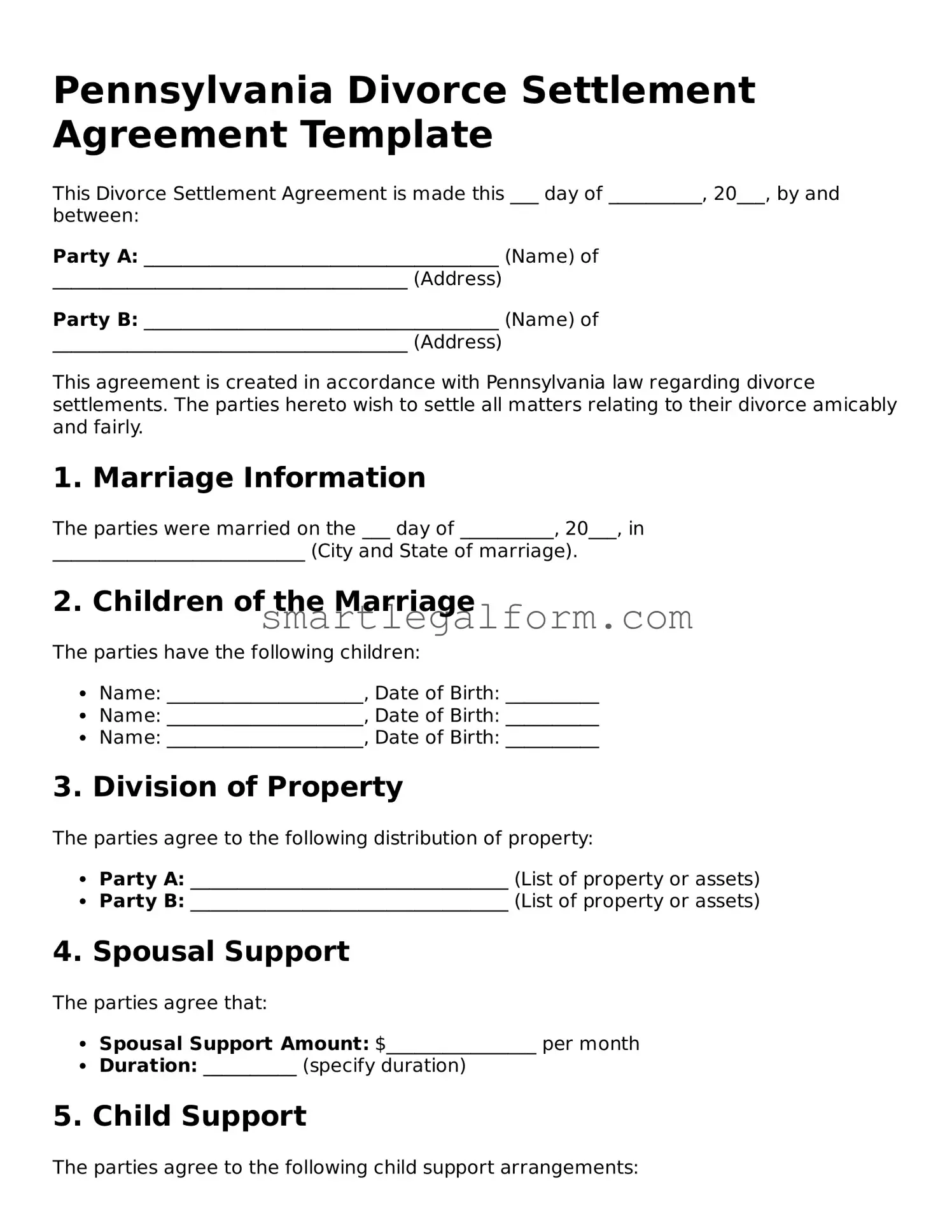 Printable Pennsylvania Divorce Settlement Agreement Document