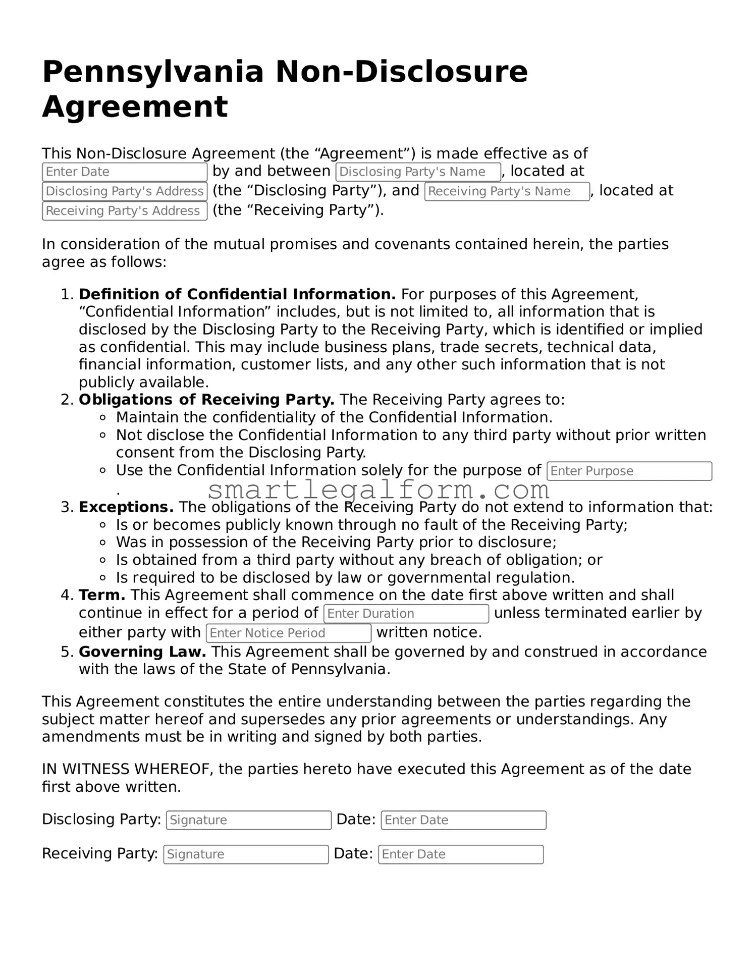 Printable Pennsylvania Non-disclosure Agreement Document
