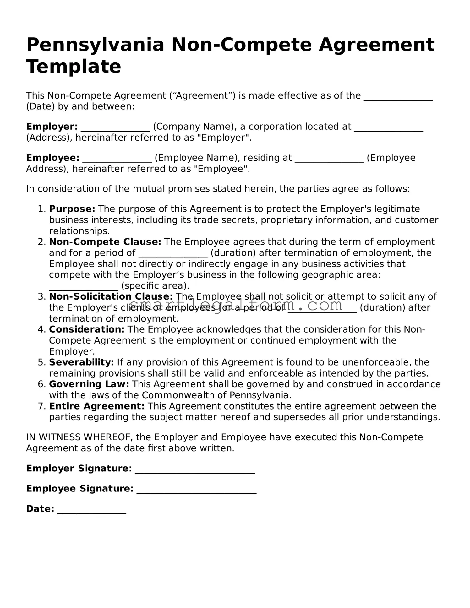 Printable Pennsylvania Non-compete Agreement Document