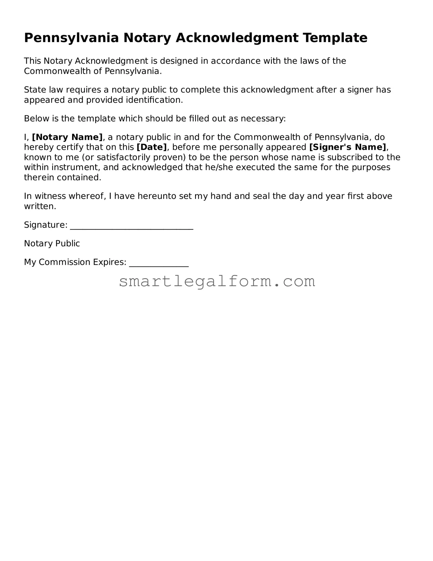 Printable Pennsylvania Notary Acknowledgement Document