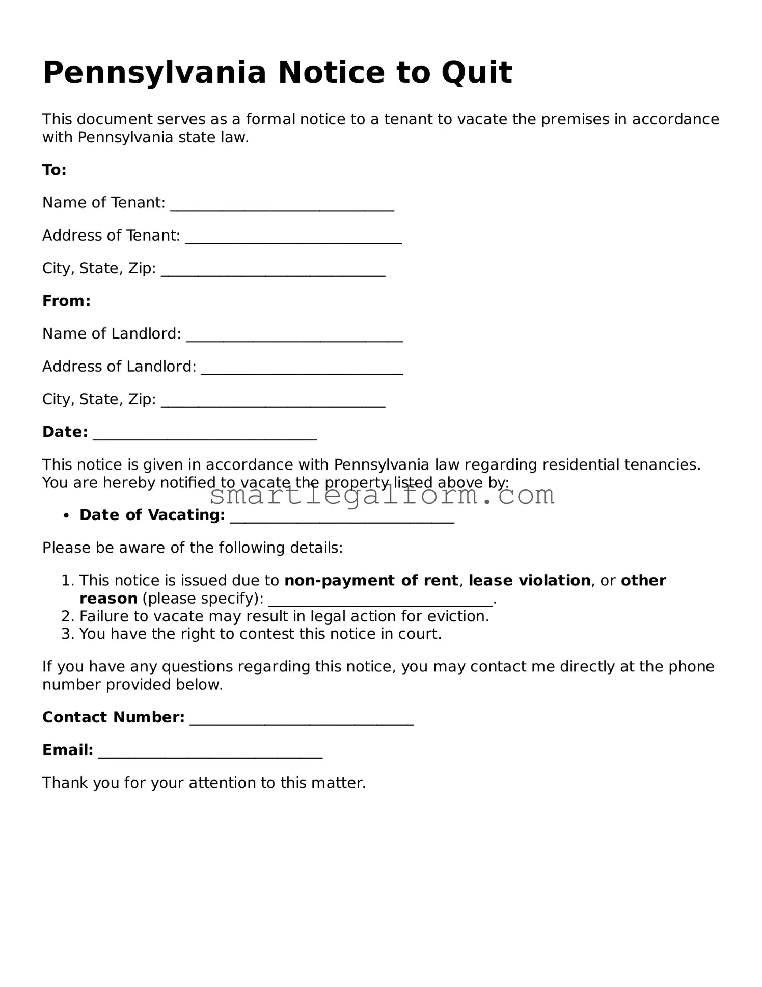Printable Pennsylvania Notice to Quit Document
