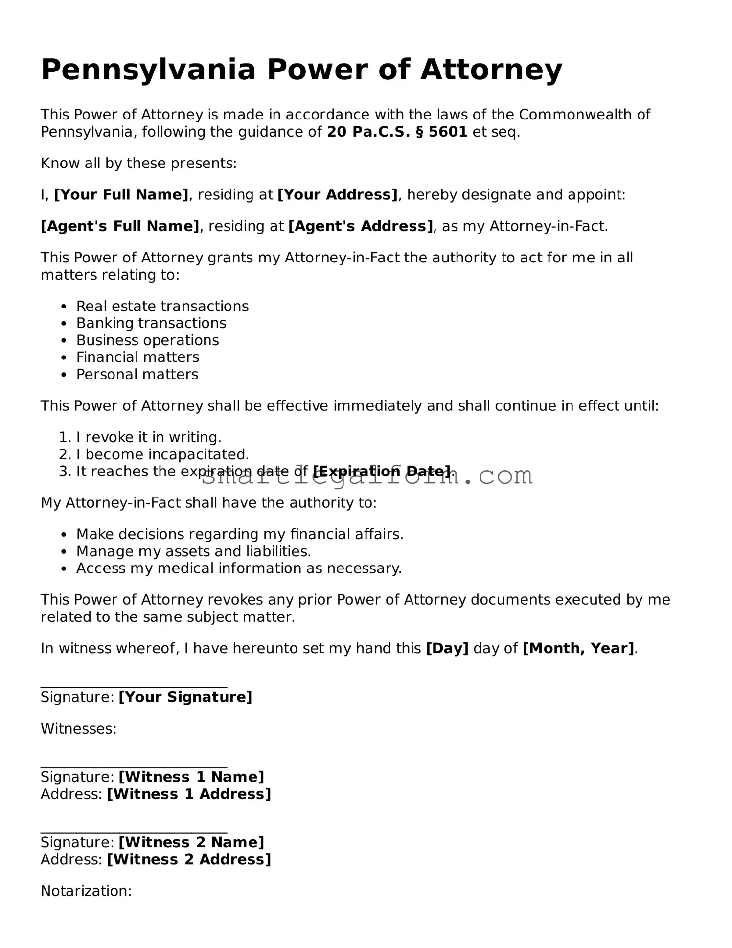 Printable Pennsylvania Power of Attorney Document