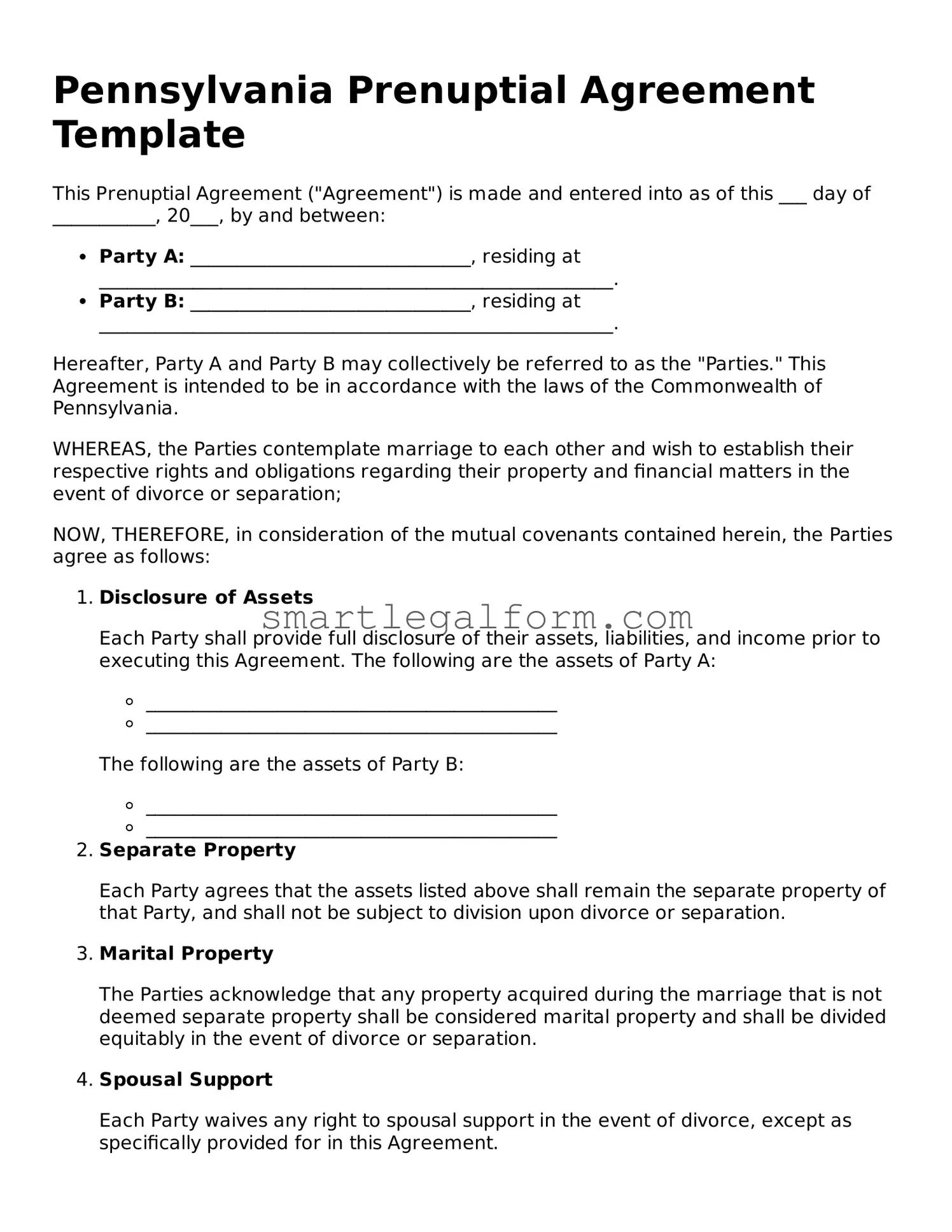 Printable Pennsylvania Prenuptial Agreement Document