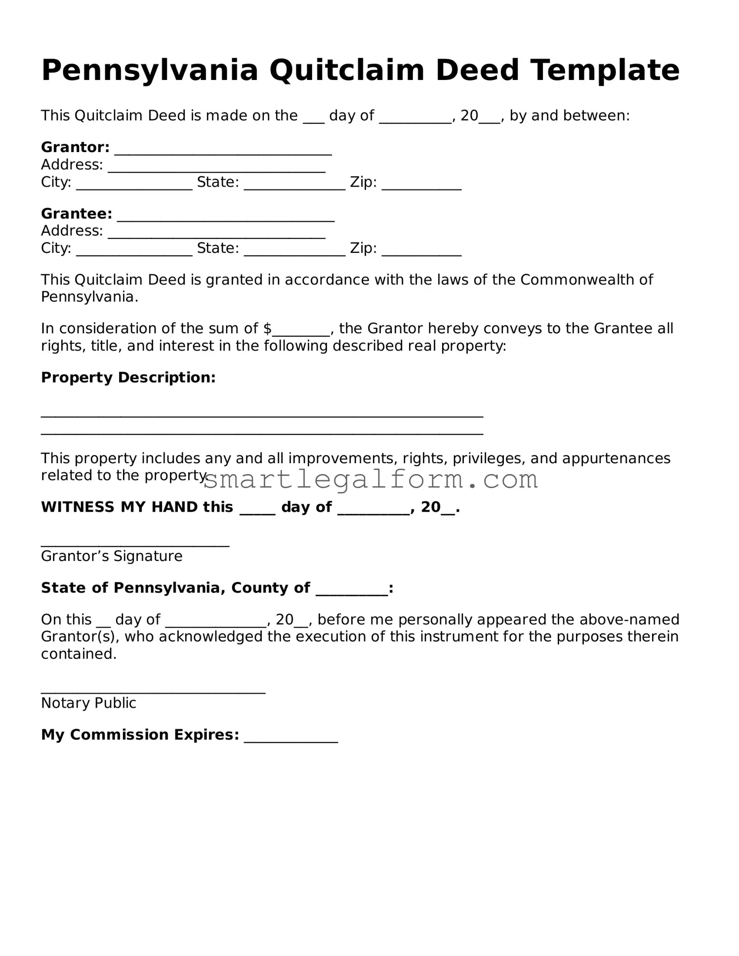 Printable Pennsylvania Quitclaim Deed Document