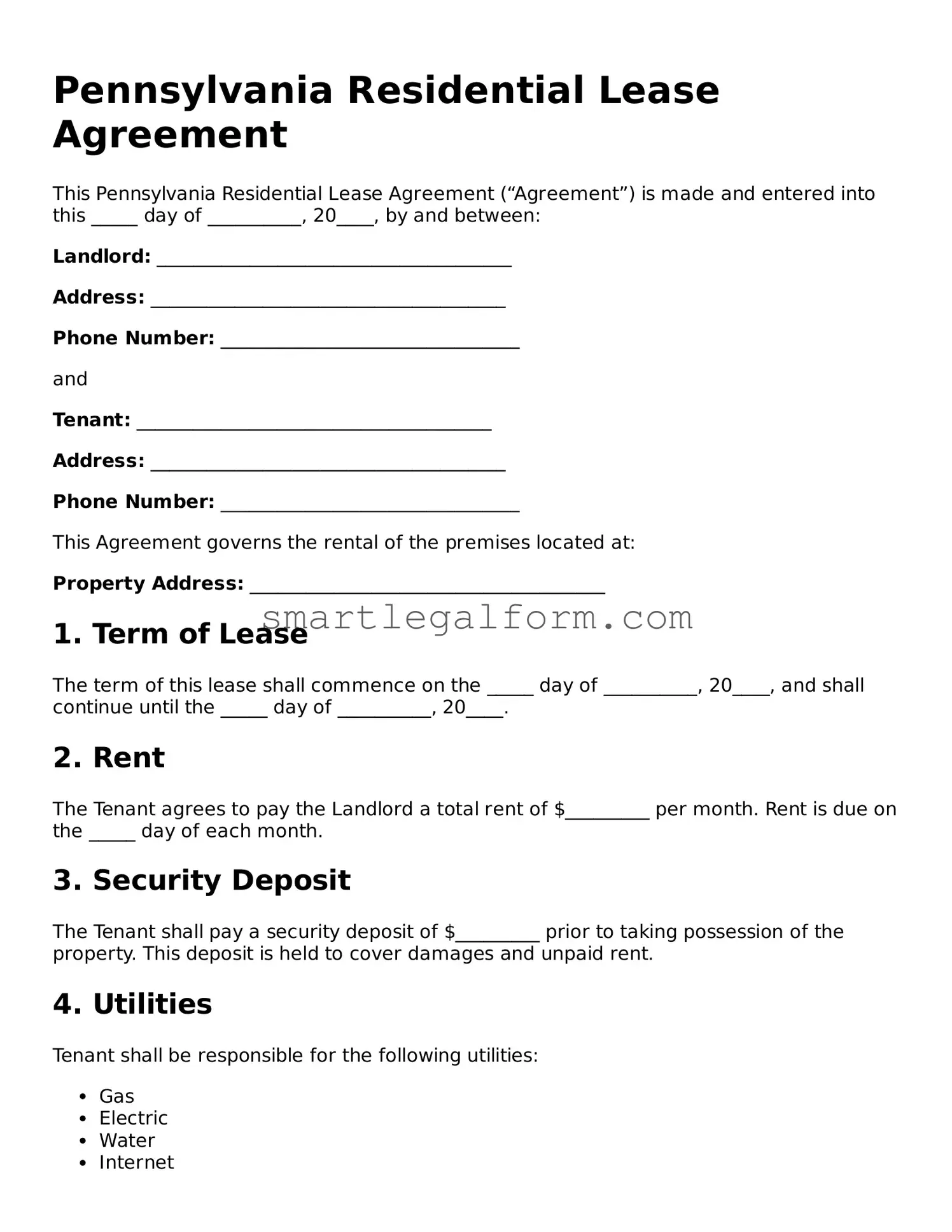 Printable Pennsylvania Lease Agreement Document
