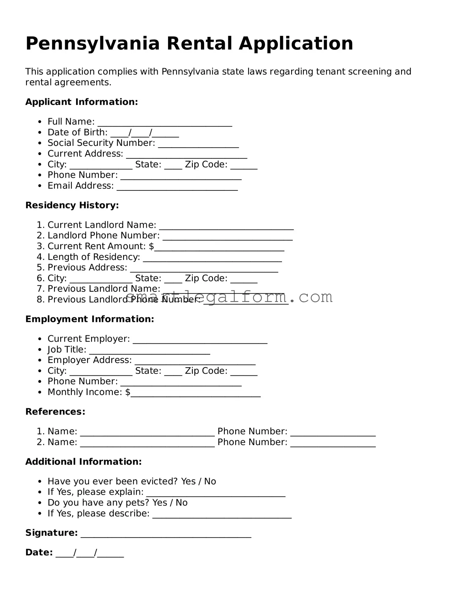 Printable Pennsylvania Rental Application Document