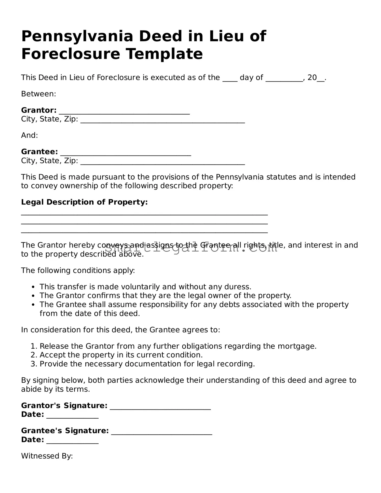 Printable Pennsylvania Deed in Lieu of Foreclosure Document