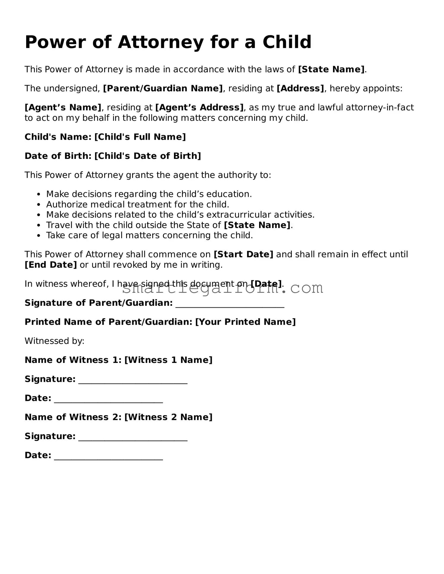 Attorney-Approved Power of Attorney for a Child Form