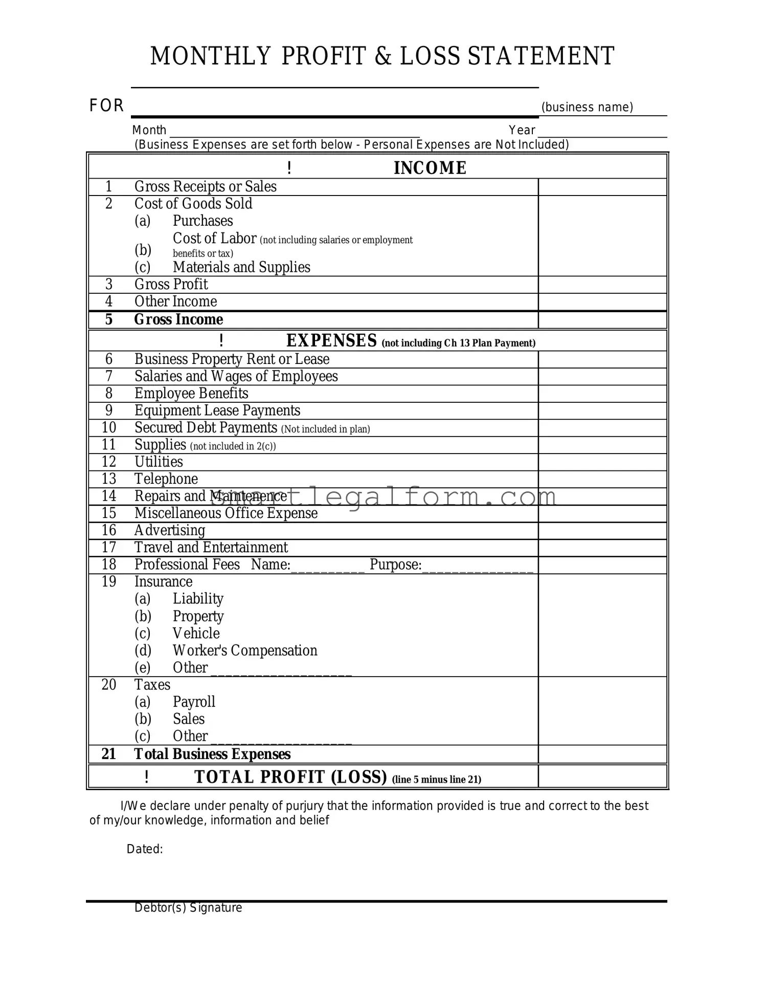 Free Profit And Loss Form