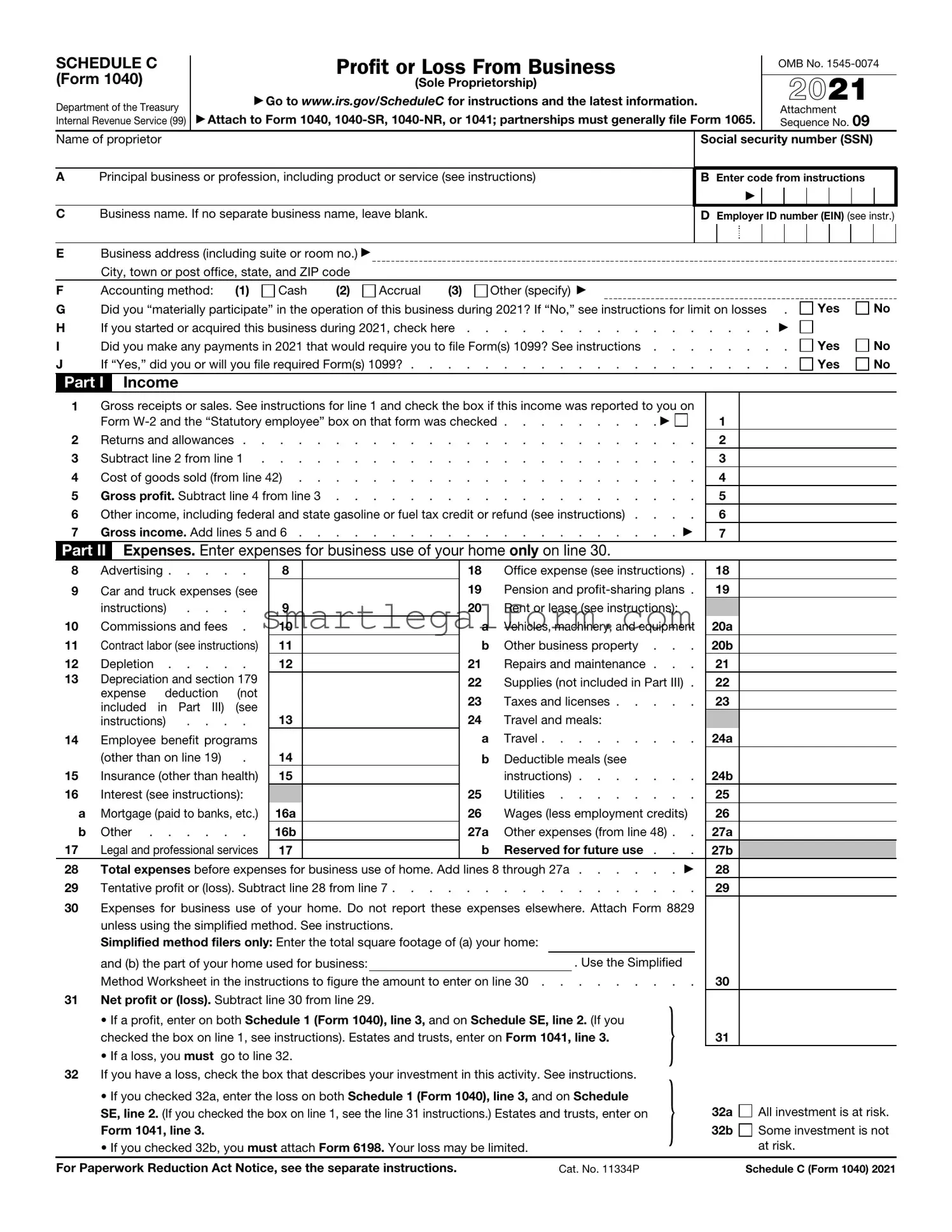Free IRS Schedule C 1040 Form