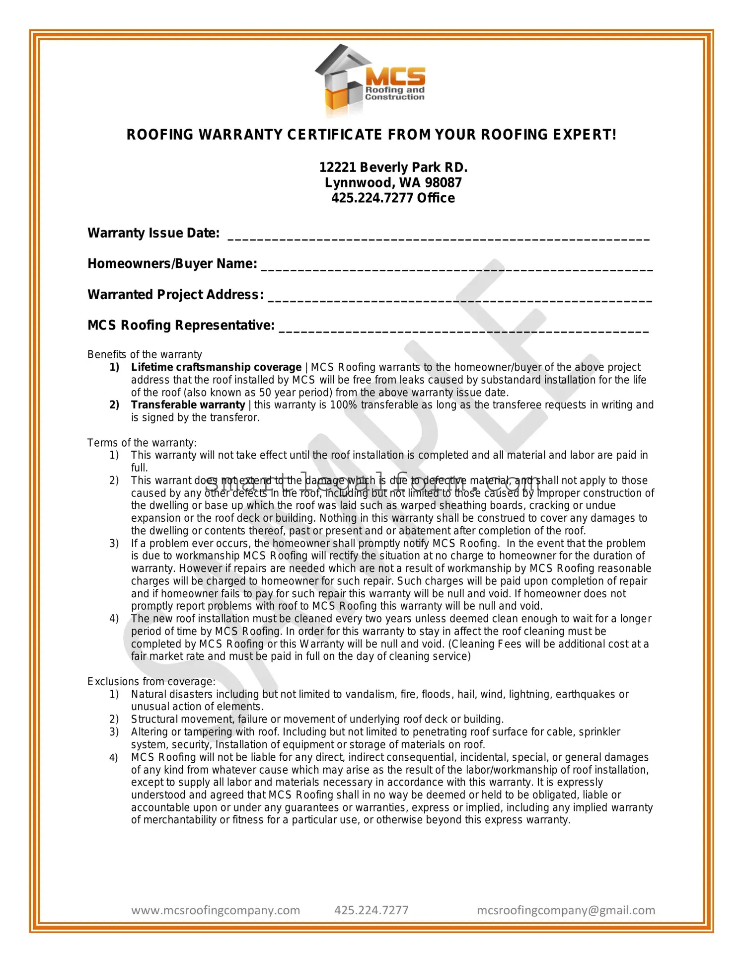Free Roofing Warranty Certificate Form