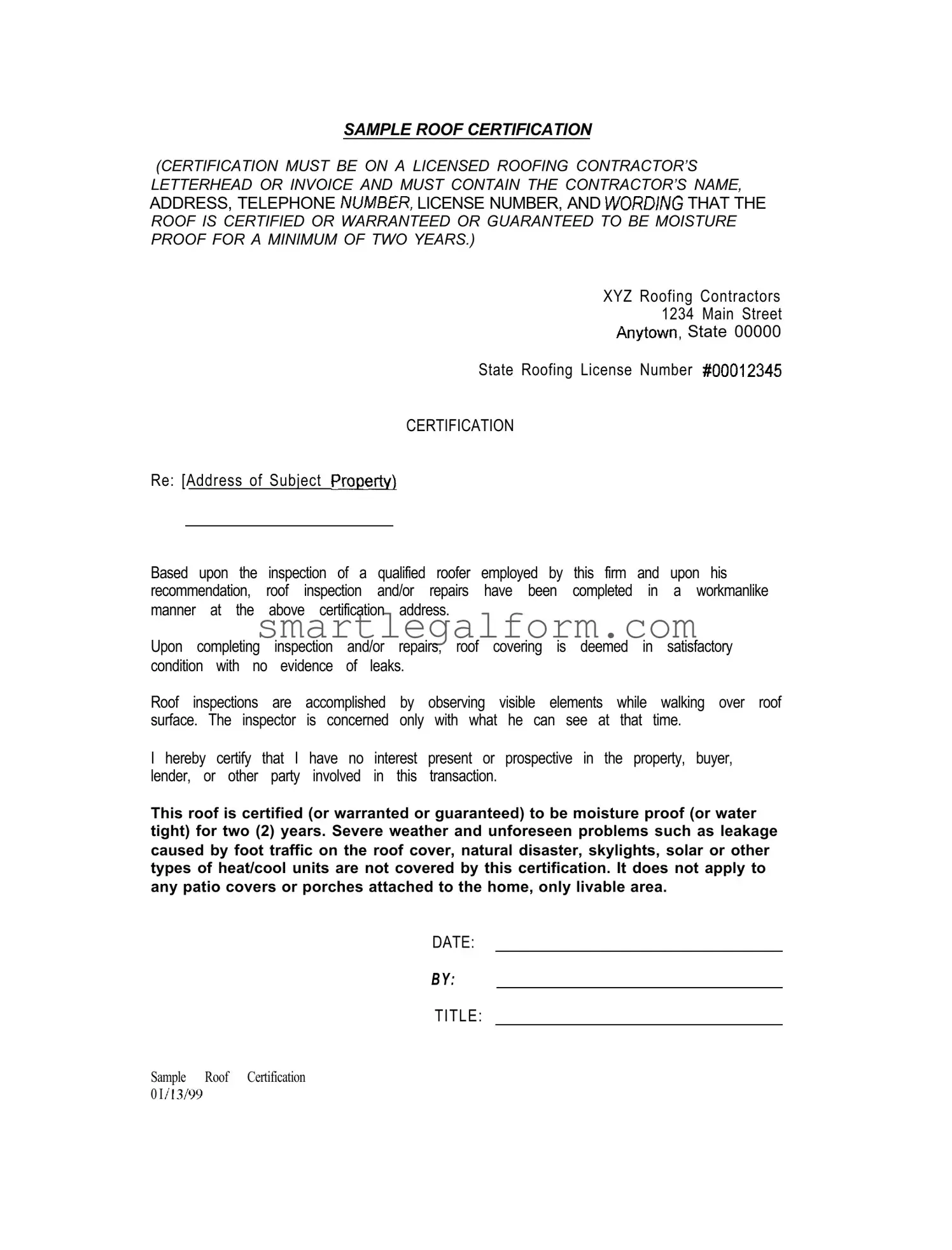 Free Sample Roof Certification Form