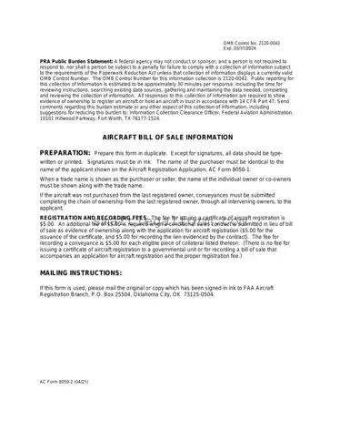 Free Aircraft Bill of Sale AC 8050-2 Form